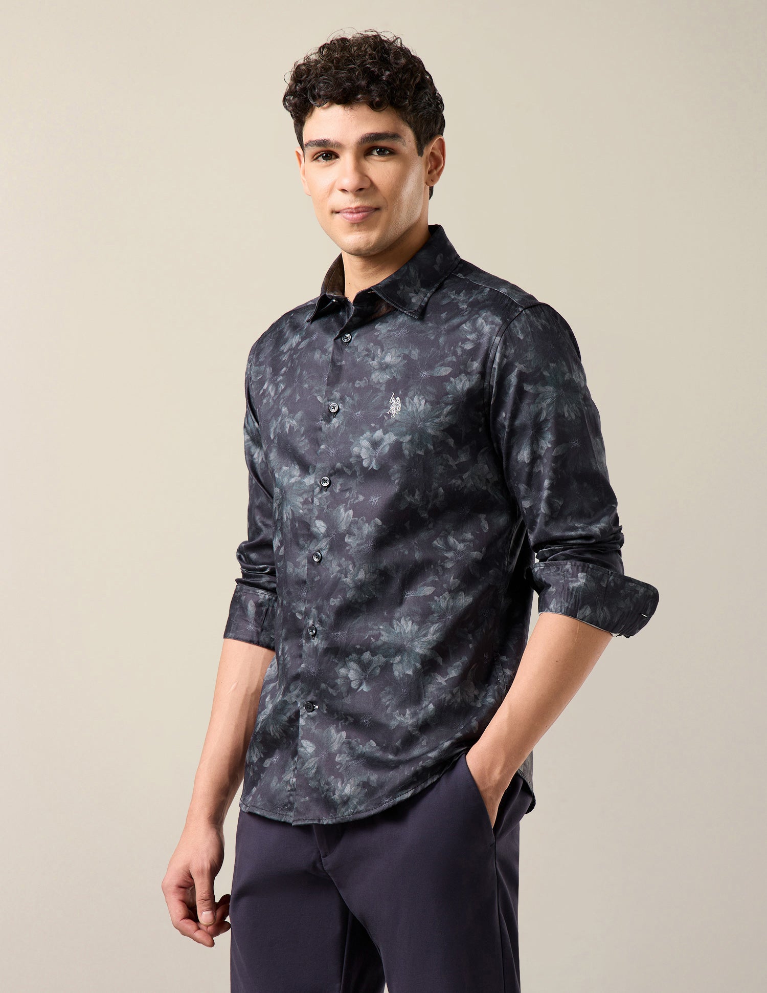 Floral Printed Satin Shirt Blue - U.S. Polo Assn. India | Large