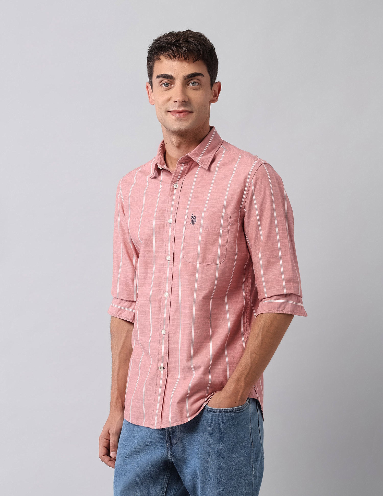 Pure Cotton Vertical Striped Shirt Peach - U.S. Polo Assn. India | Large