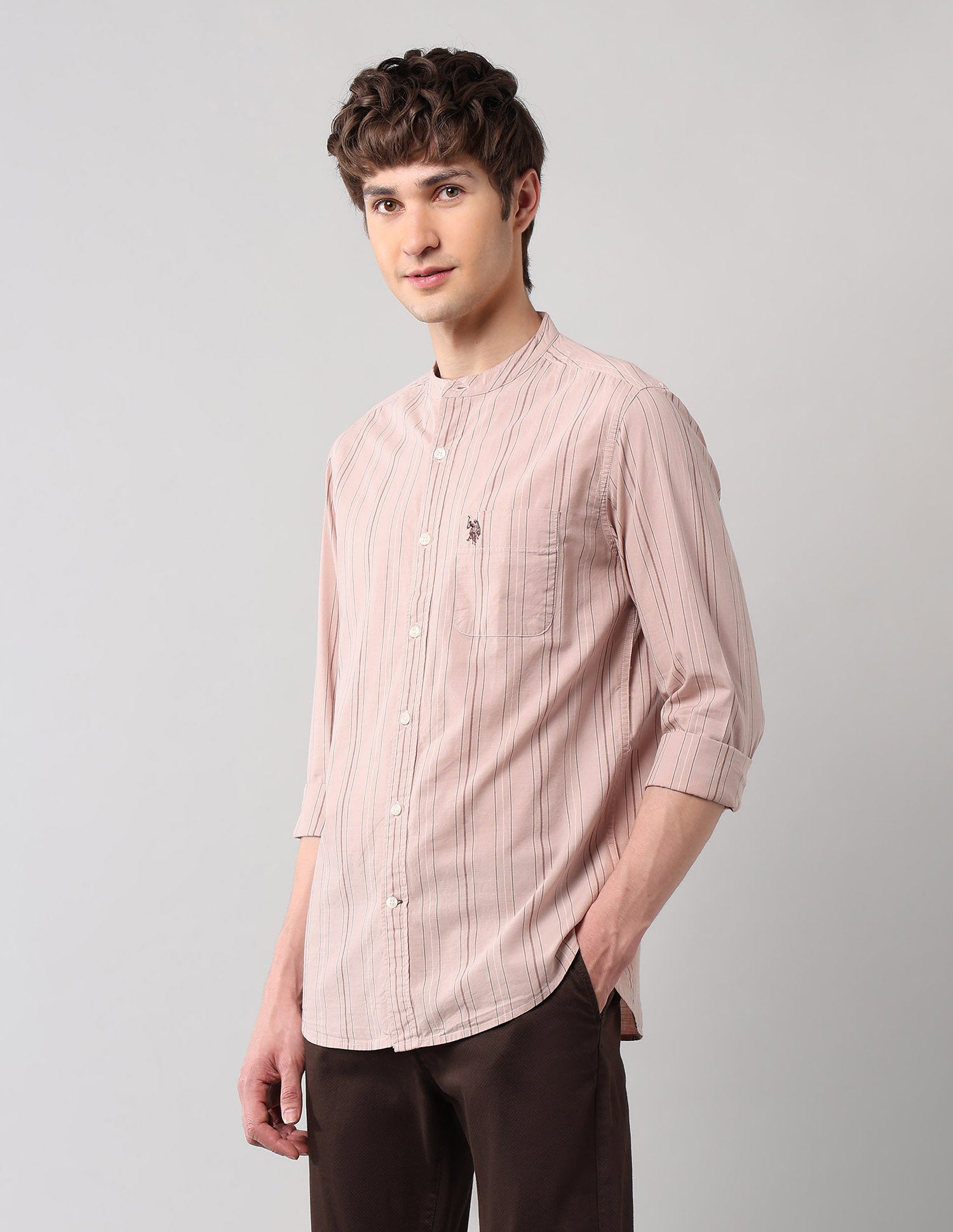 Pure Cotton Regular Fit Mandarin Shirt Peach - U.S. Polo Assn. India | Large