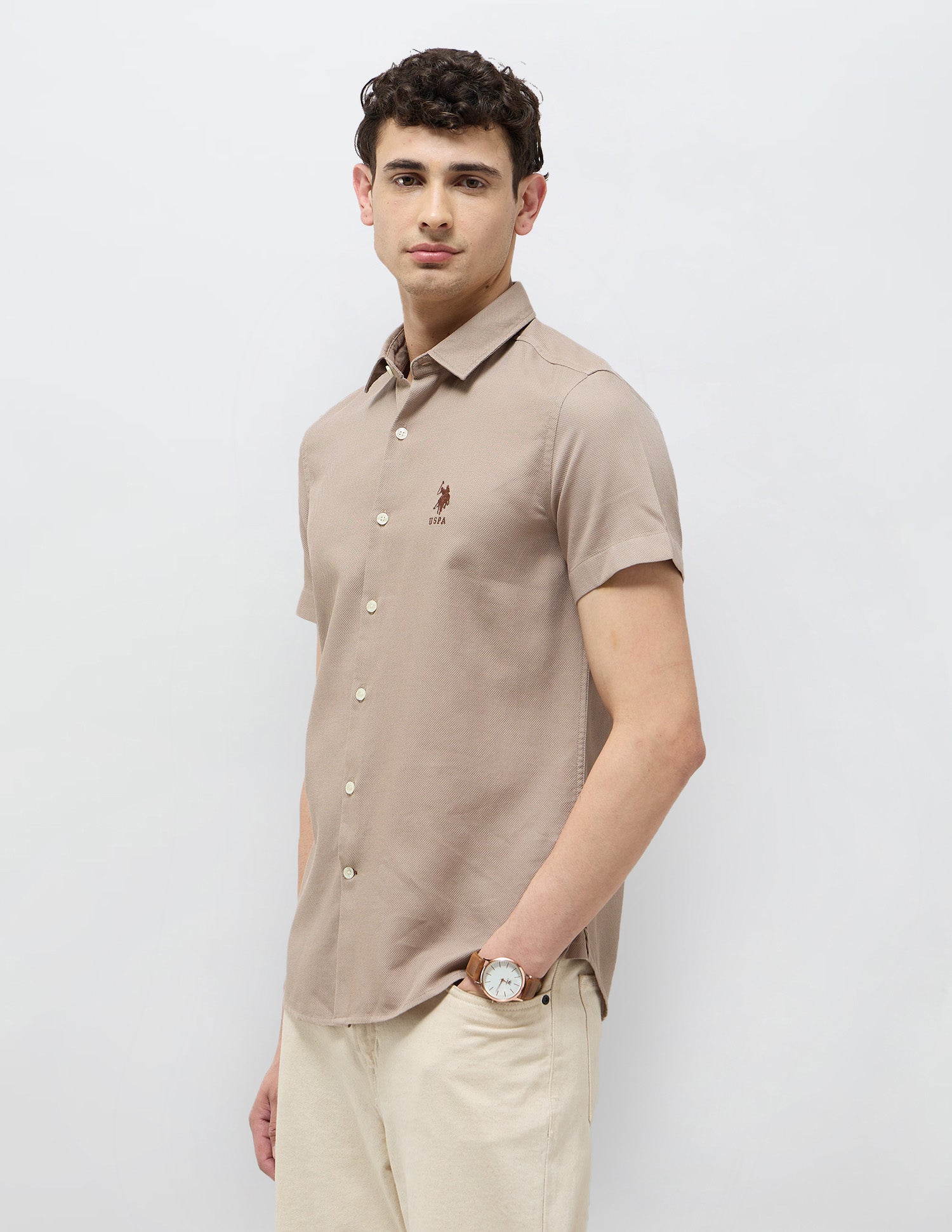 Dobby Textured Regular Fit Shirt Light Brown - U.S. Polo Assn. India | Large