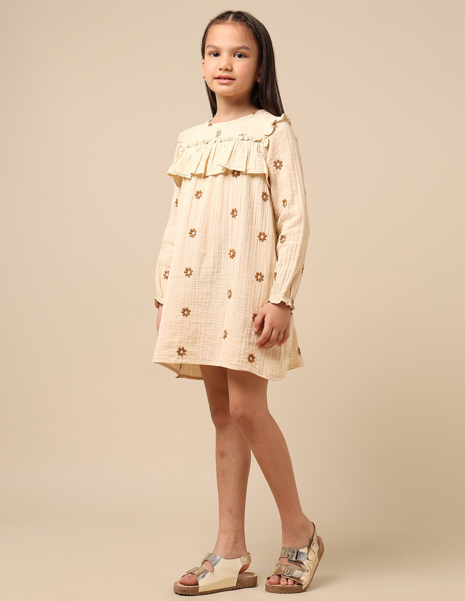 Girls Floral Embroidered A-Line Dress Beige - U.S. POLO ASSN. | Large