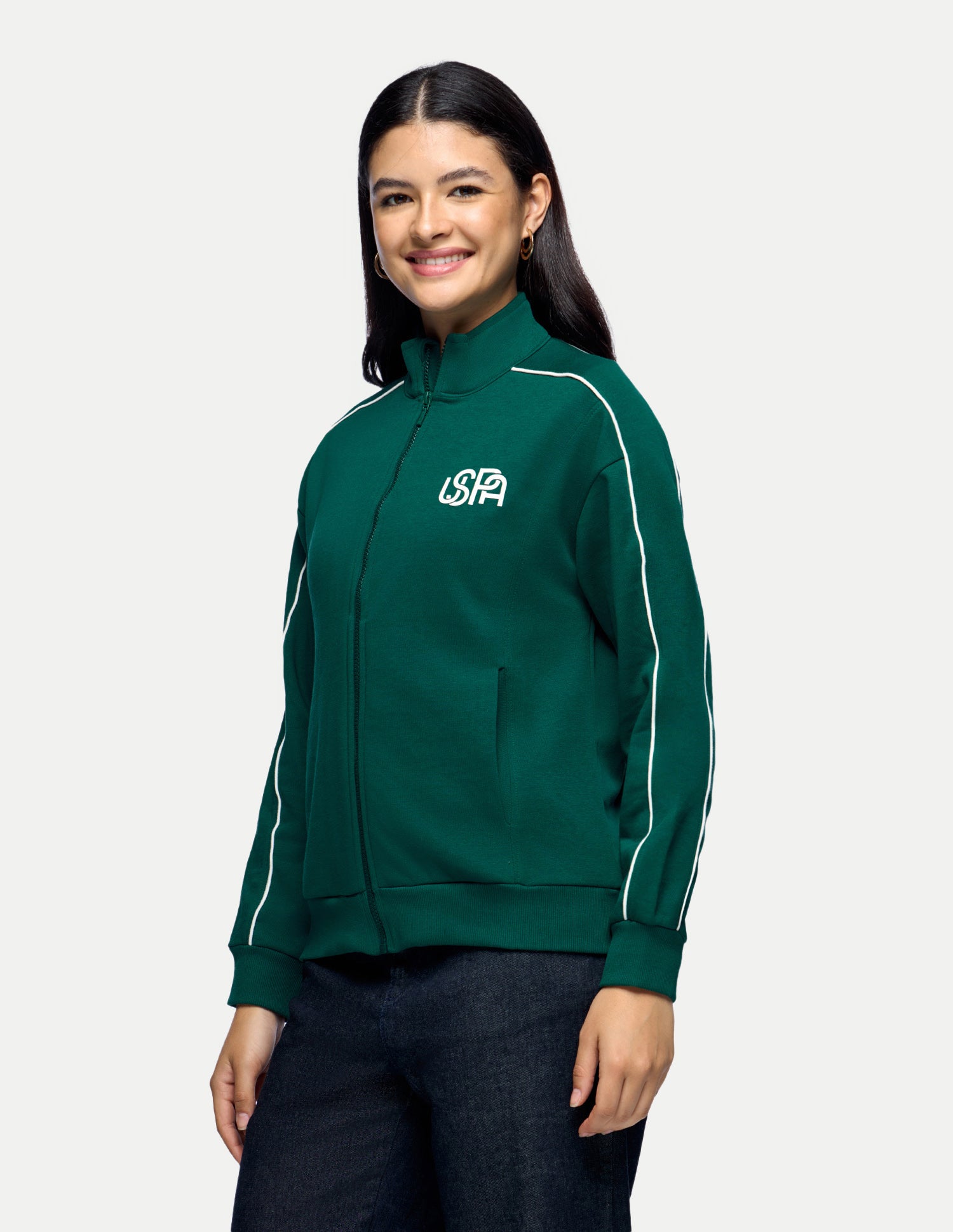 Contrast Piping Zipper Jacket Dark Green - U.S. Polo Assn. India | Large