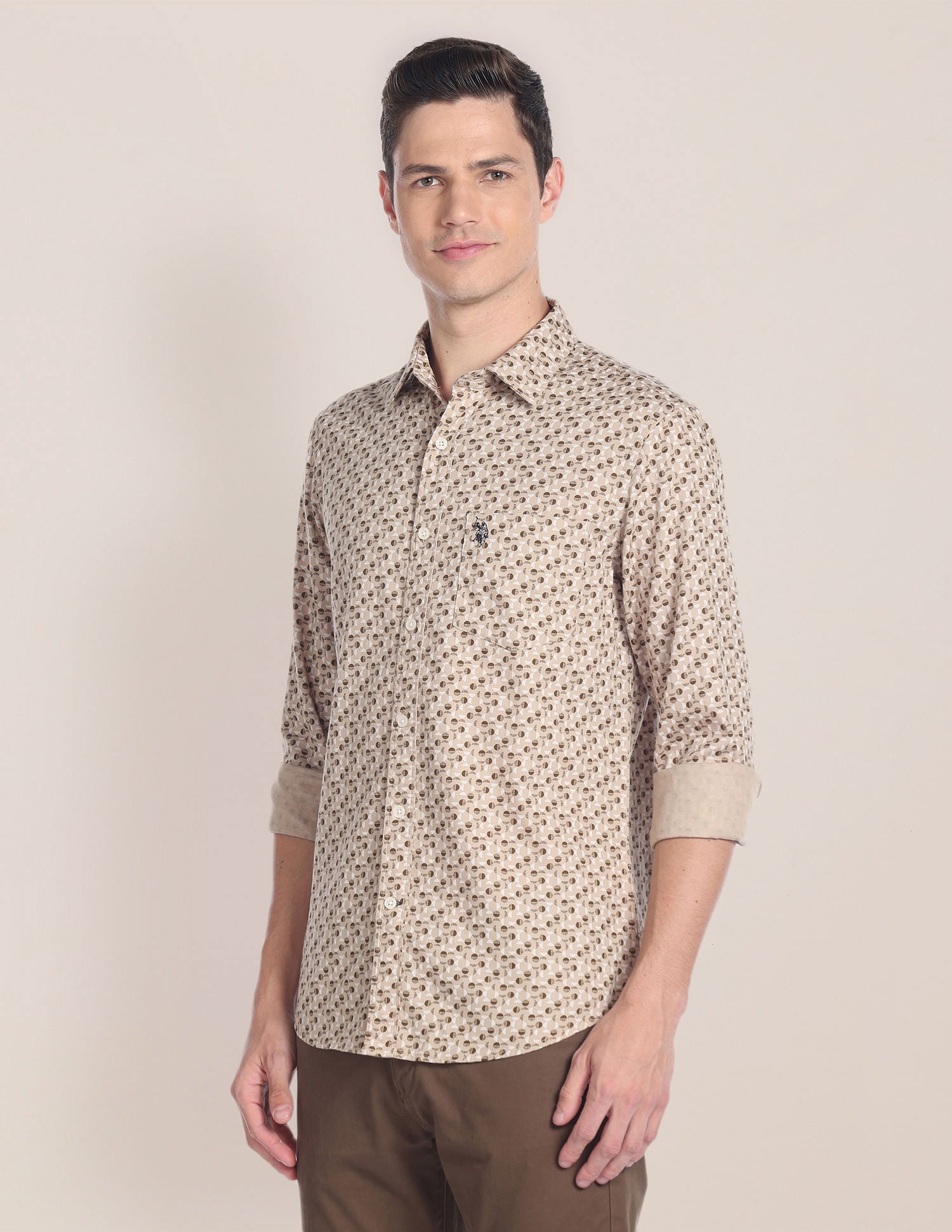 Geometric Print Dobby Shirt Beige - U.S. POLO ASSN. | Large