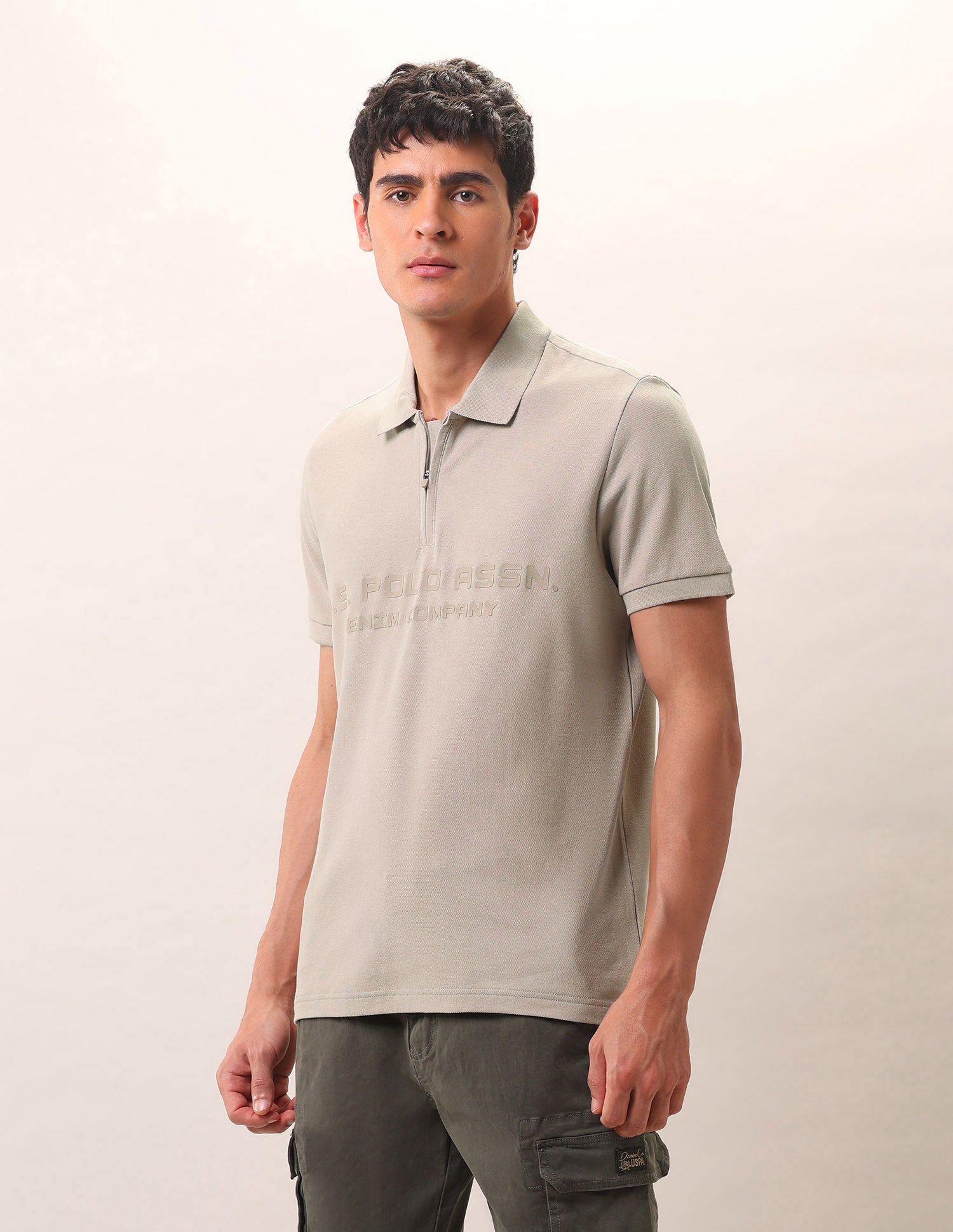 Brand Embossed Pure Cotton Polo Shirt Beige - U.S. POLO ASSN. | Large