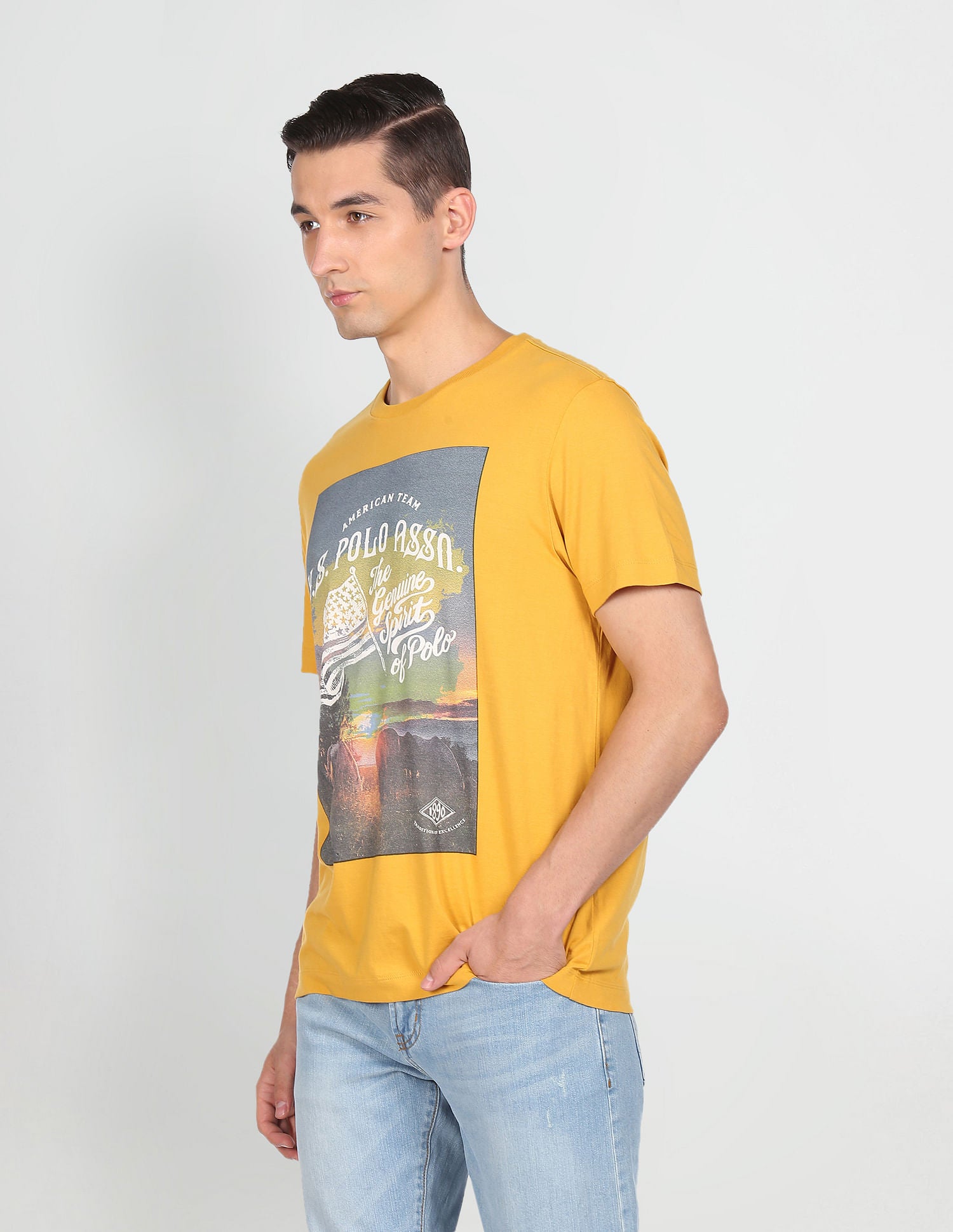 Men Mustard Crew Neck Brand Print T-Shirt Mustard - U.S. Polo Assn. India | Large