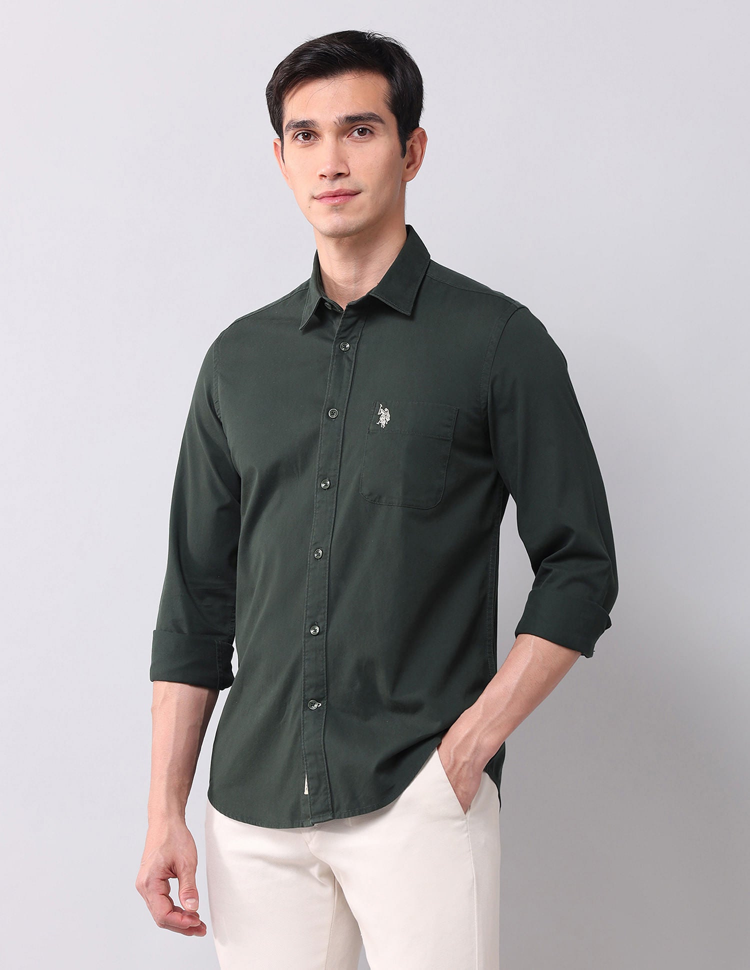 Regular Fit Twill Solid Shirt Olive - U.S. POLO ASSN. | Large