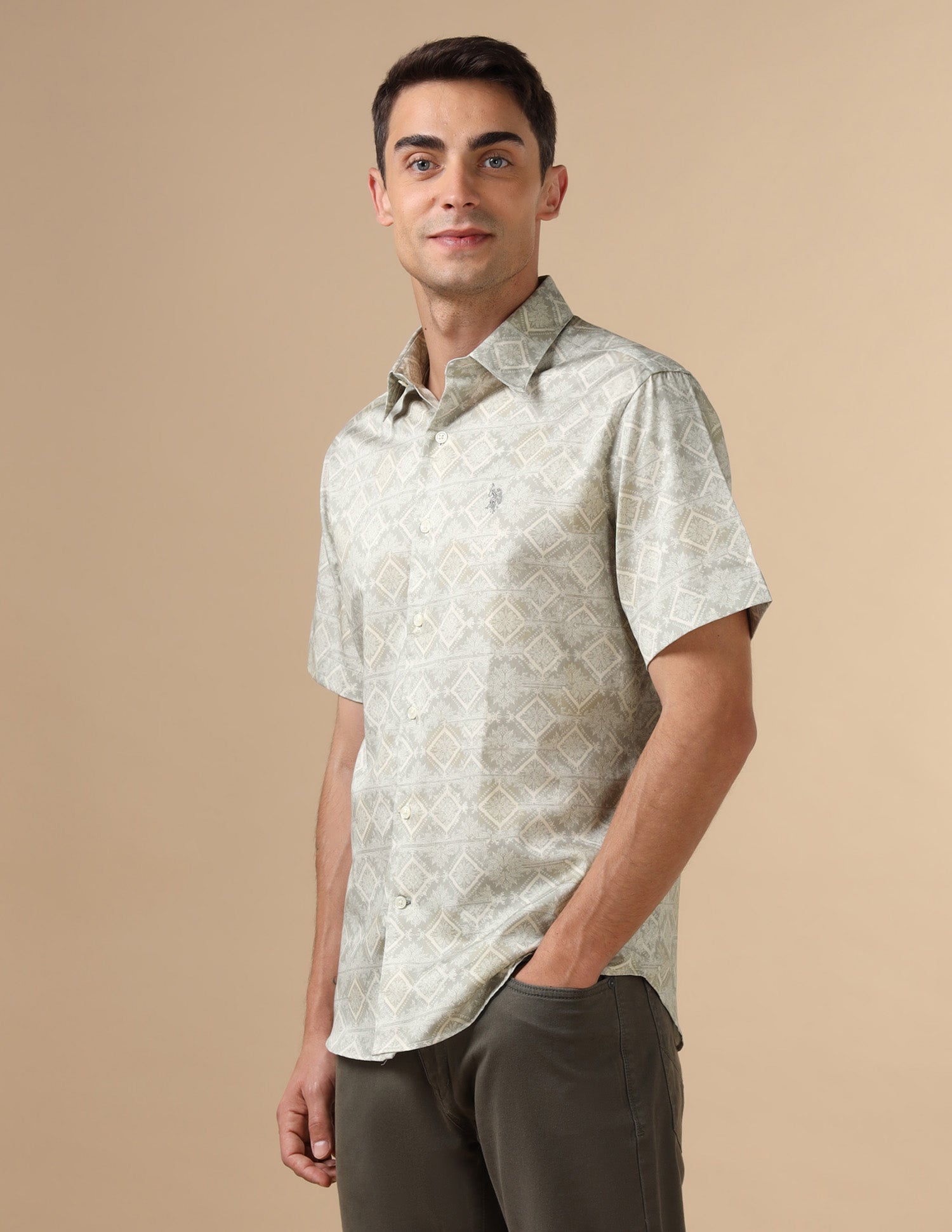 All Over Printed Satin Shirt Light Green - U.S. POLO ASSN. | Large