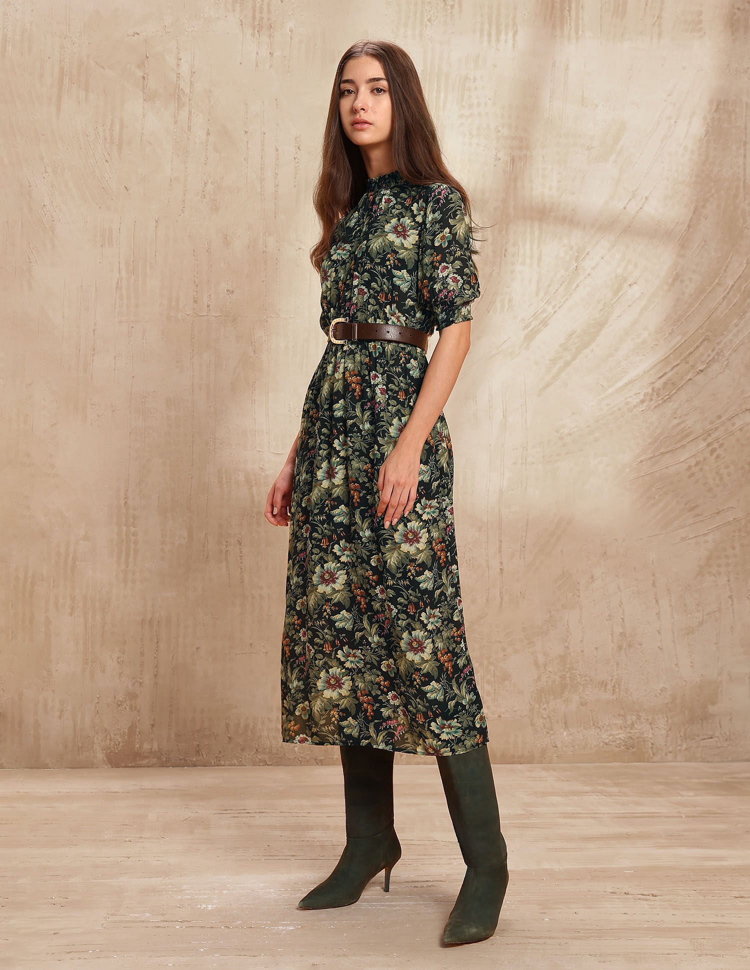 Smocked Floral Printed A-Line Midi Dress Black - U.S. POLO ASSN. | Large