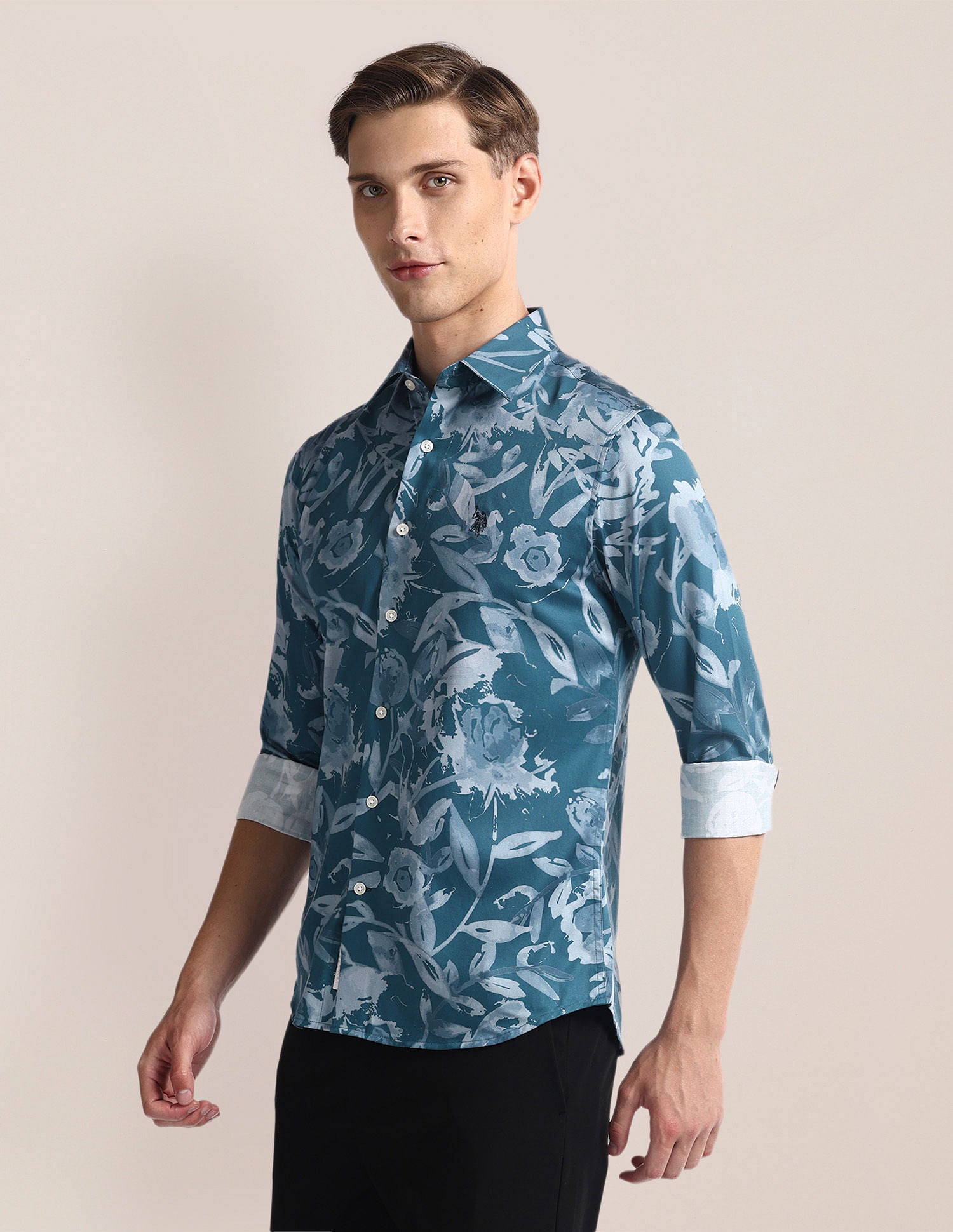 Floral Print Tailored Fit Shirt Blue - U.S. Polo Assn. India | Large