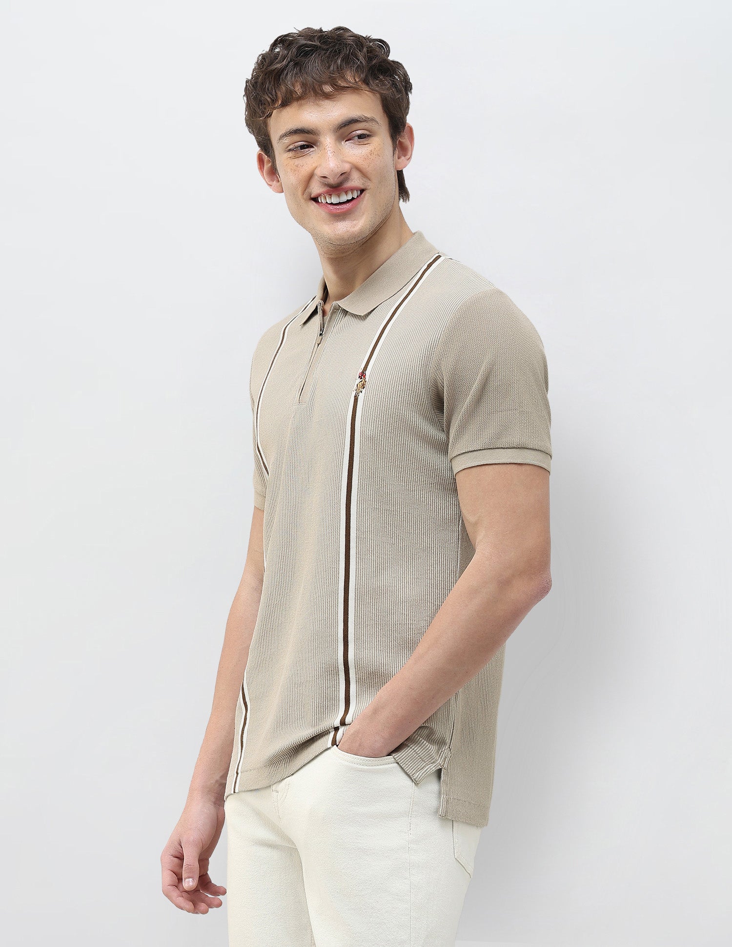 Vertical Striped Slim Fit Polo Shirt Beige - U.S. Polo Assn. India | Large