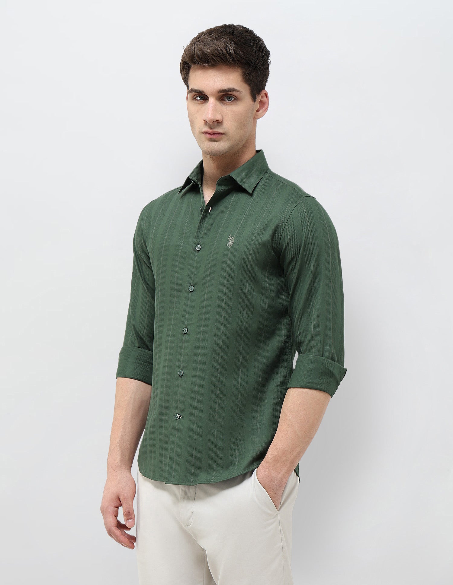 Regular Fit Textured With Vertical Striped Shirt Green - U.S. POLO ASSN. | Large