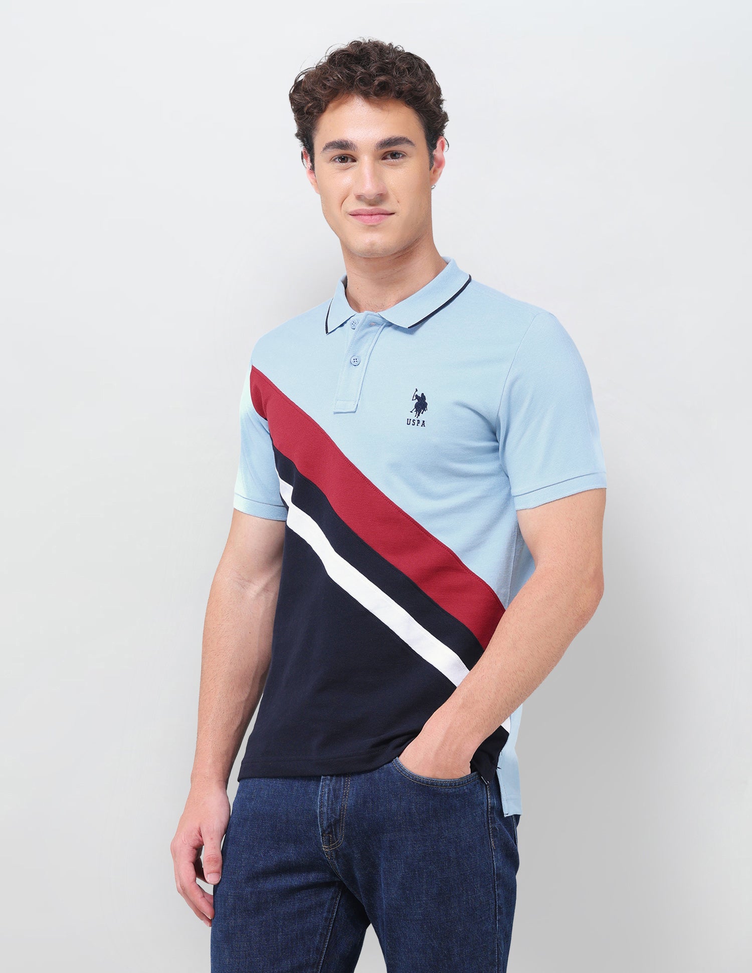 Colourblocked Regular Fit Polo Shirt Light Blue - U.S. Polo Assn. India | Large
