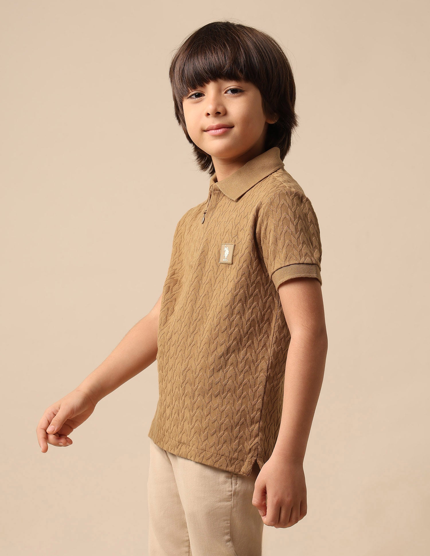 Boys Textured Pure Cotton Polo Shirt Light Brown - U.S. POLO ASSN. | Large