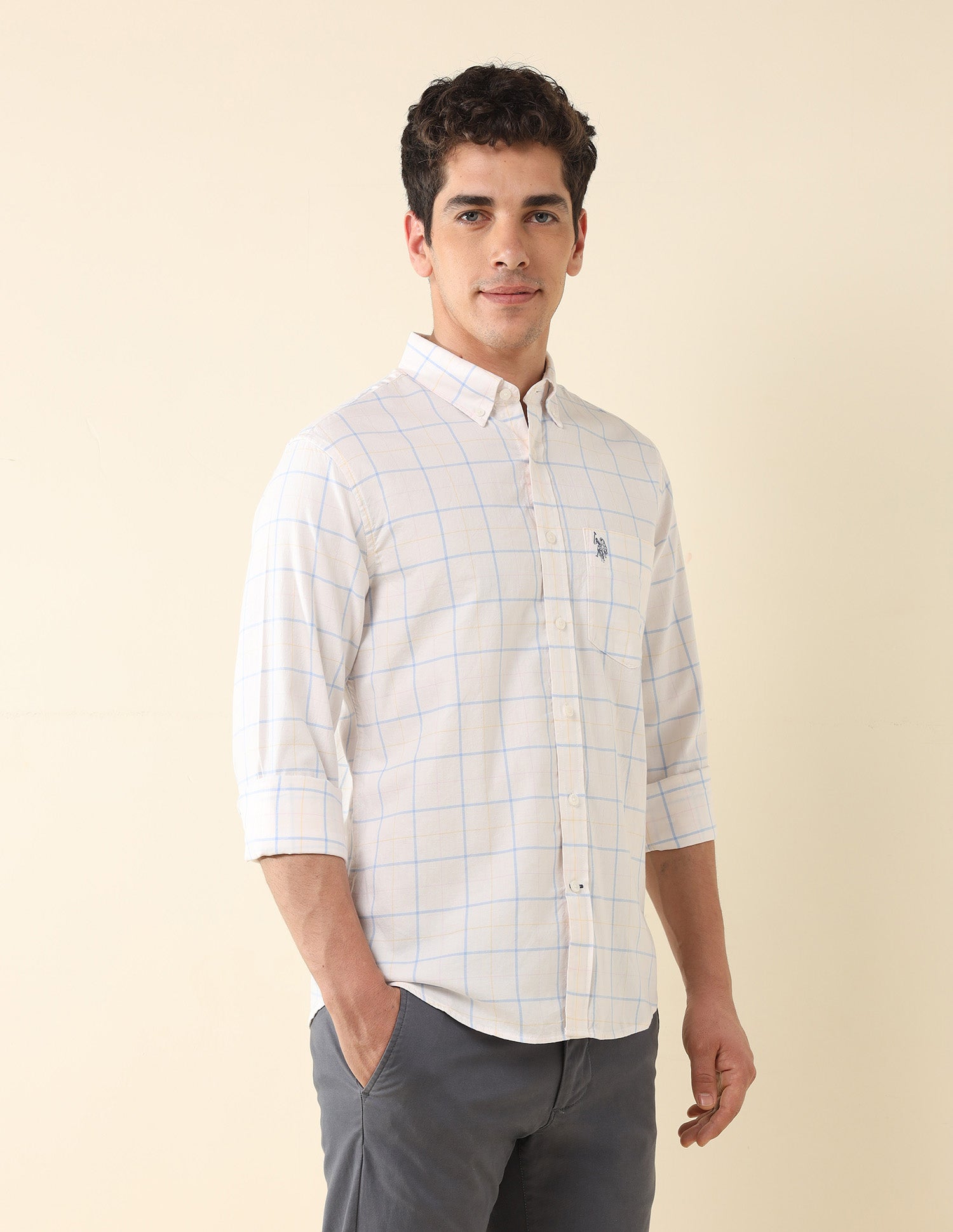 Windowpane Checked Twill Shirt Ecru - U.S. Polo Assn. India | Large