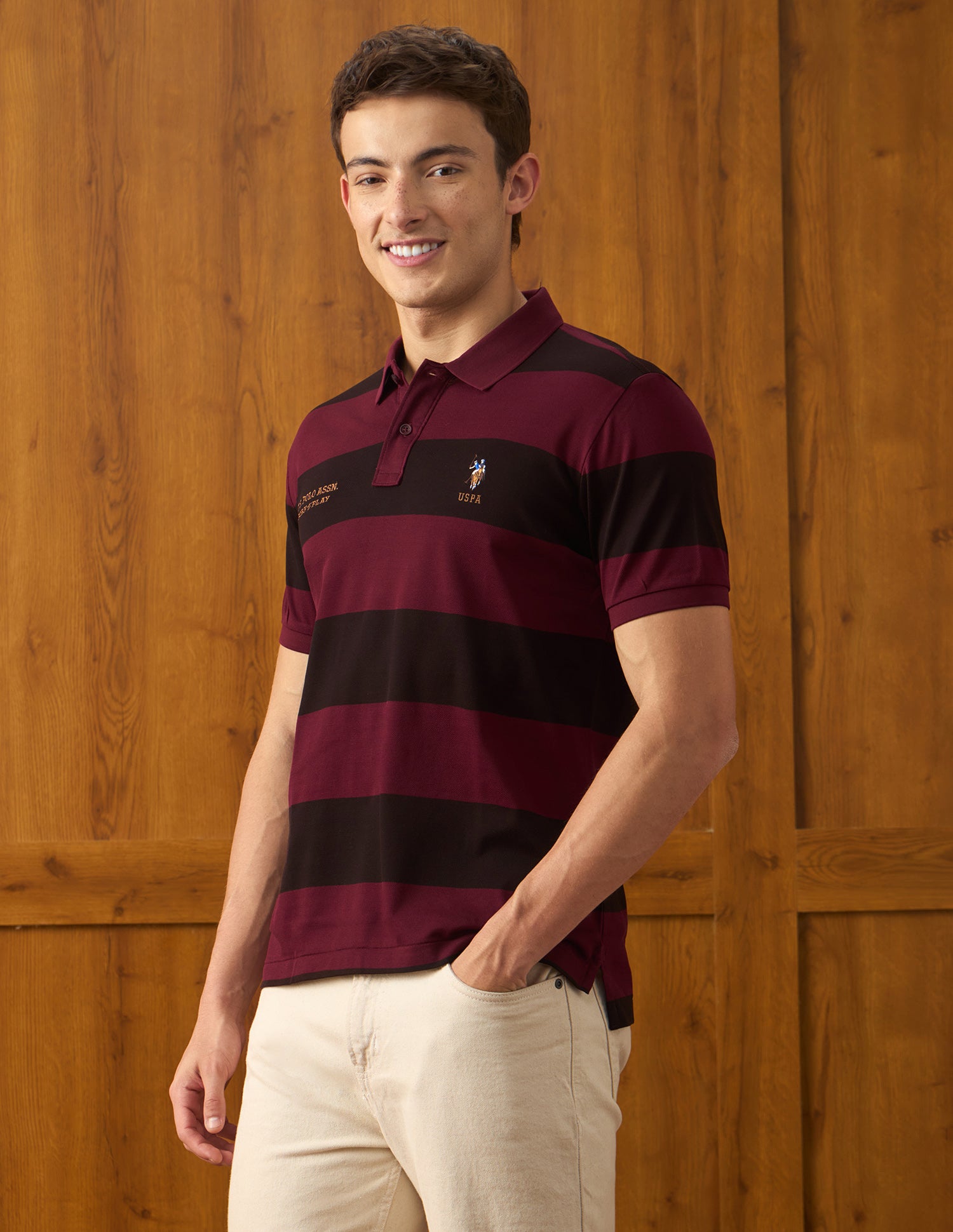 Horizontal Striped Slim Fit Polo Shirt Wine - U.S. Polo Assn. India | Large