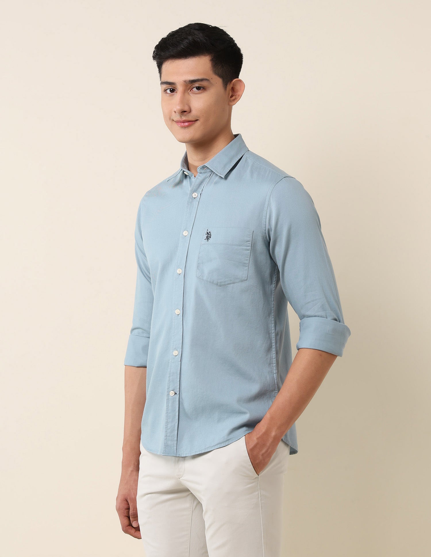 Pure Cotton Dobby Tailored Fit Shirt Light Blue - U.S. Polo Assn. India | Large