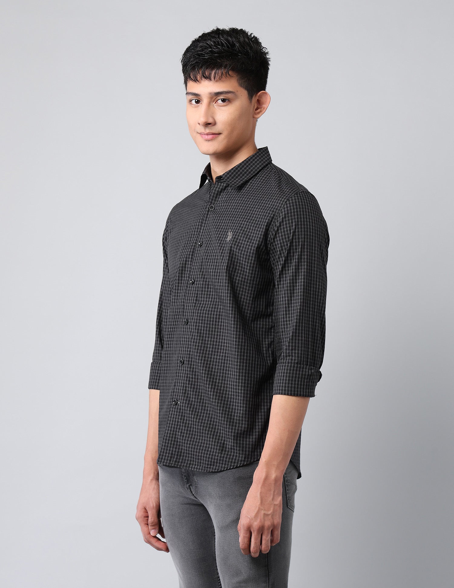 Pure Cotton Micro Checked Shirt Black - U.S. Polo Assn. India | Large