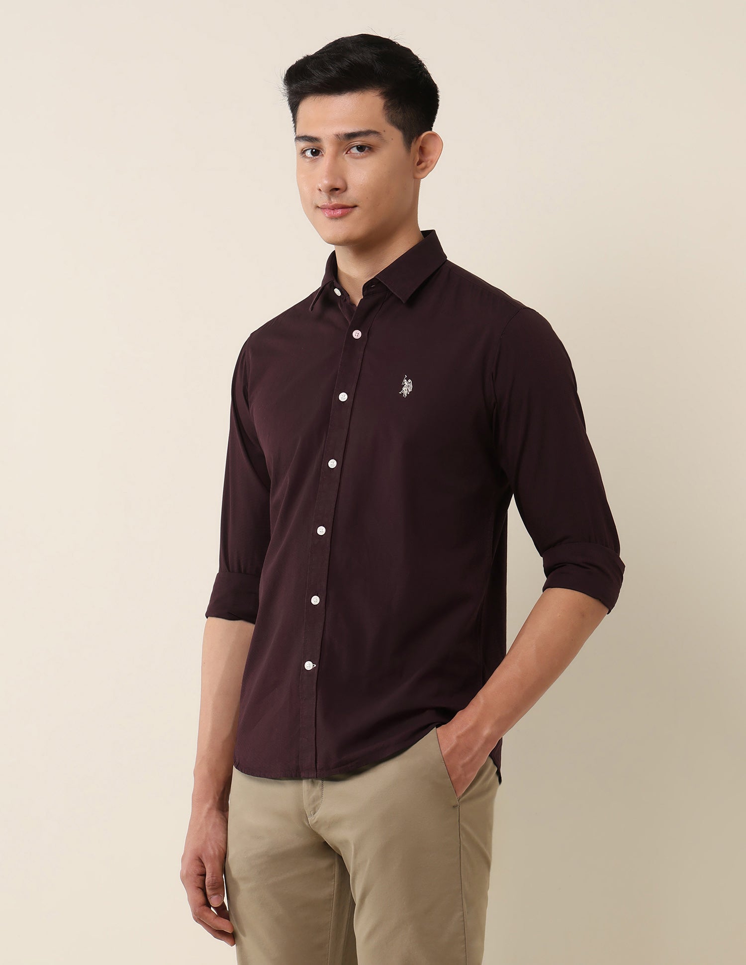 Tailored Fit Pure Cotton Shirt Maroon - U.S. Polo Assn. India | Large