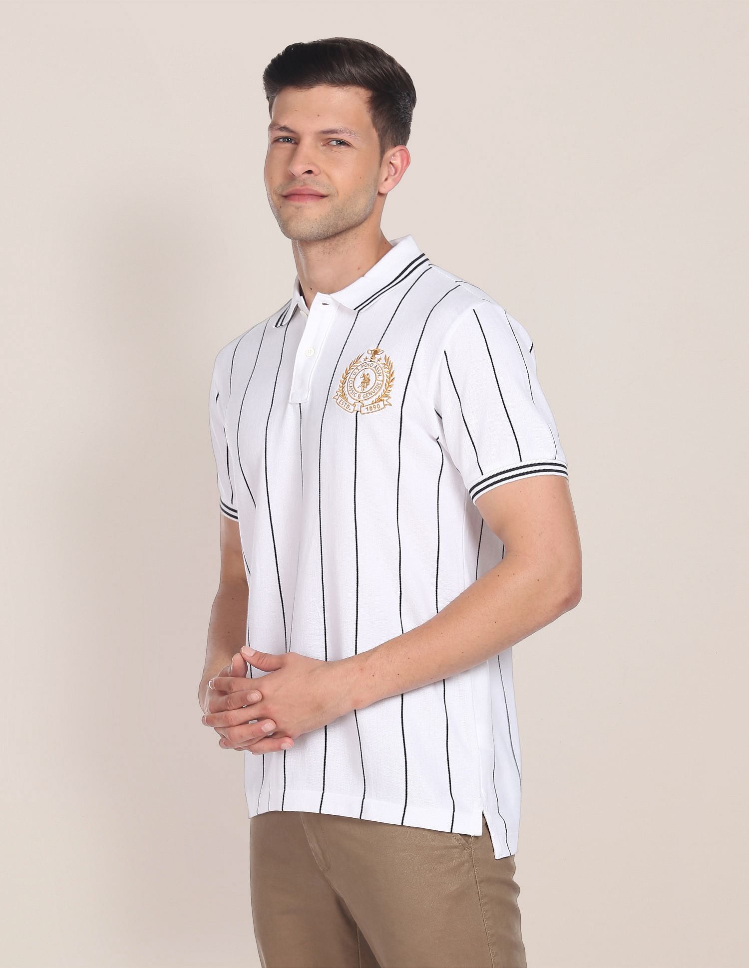 Vertical Stripe Heritage Logo Polo Shirt White - U.S. Polo Assn. India | Large