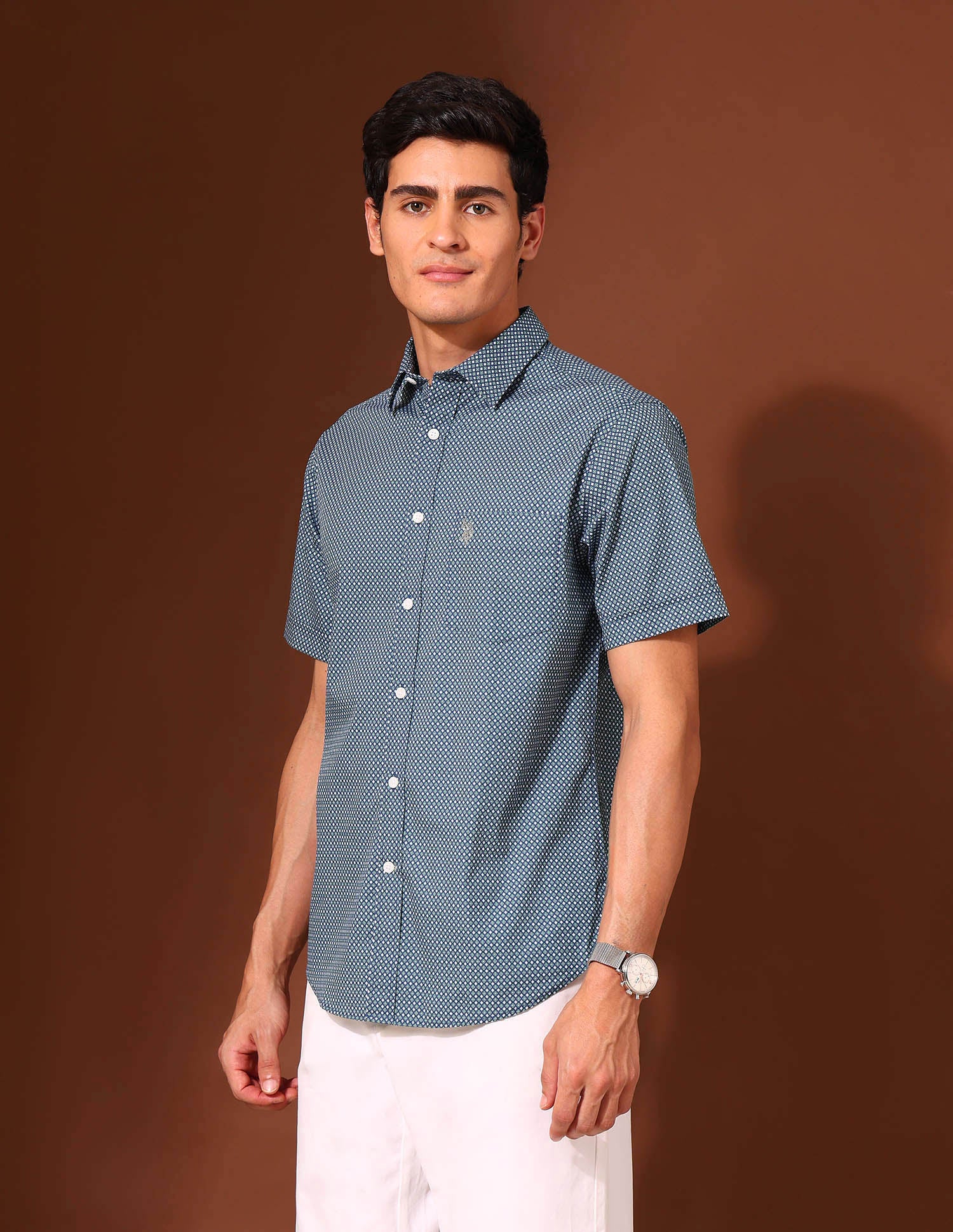 Geometric Printed Tailored Fit Shirt Blue - U.S. Polo Assn. India | Large