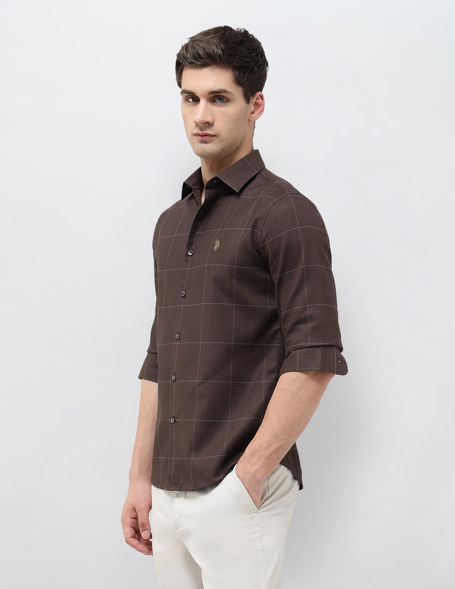 Textured With Windowpane Checked Regular Fit Shirt Brown - U.S. POLO ASSN. | Large