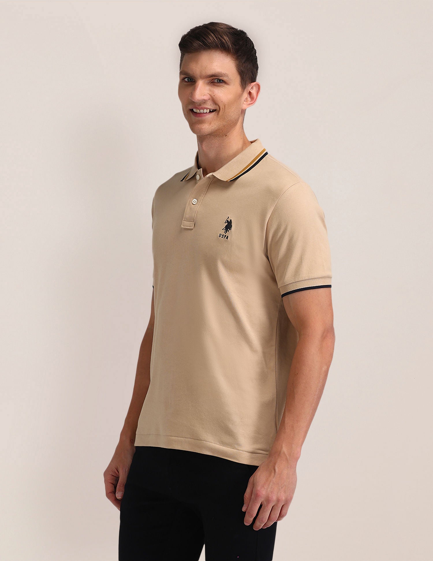 Solid Straight Fit Polo Shirt Beige - U.S. POLO ASSN. | Large