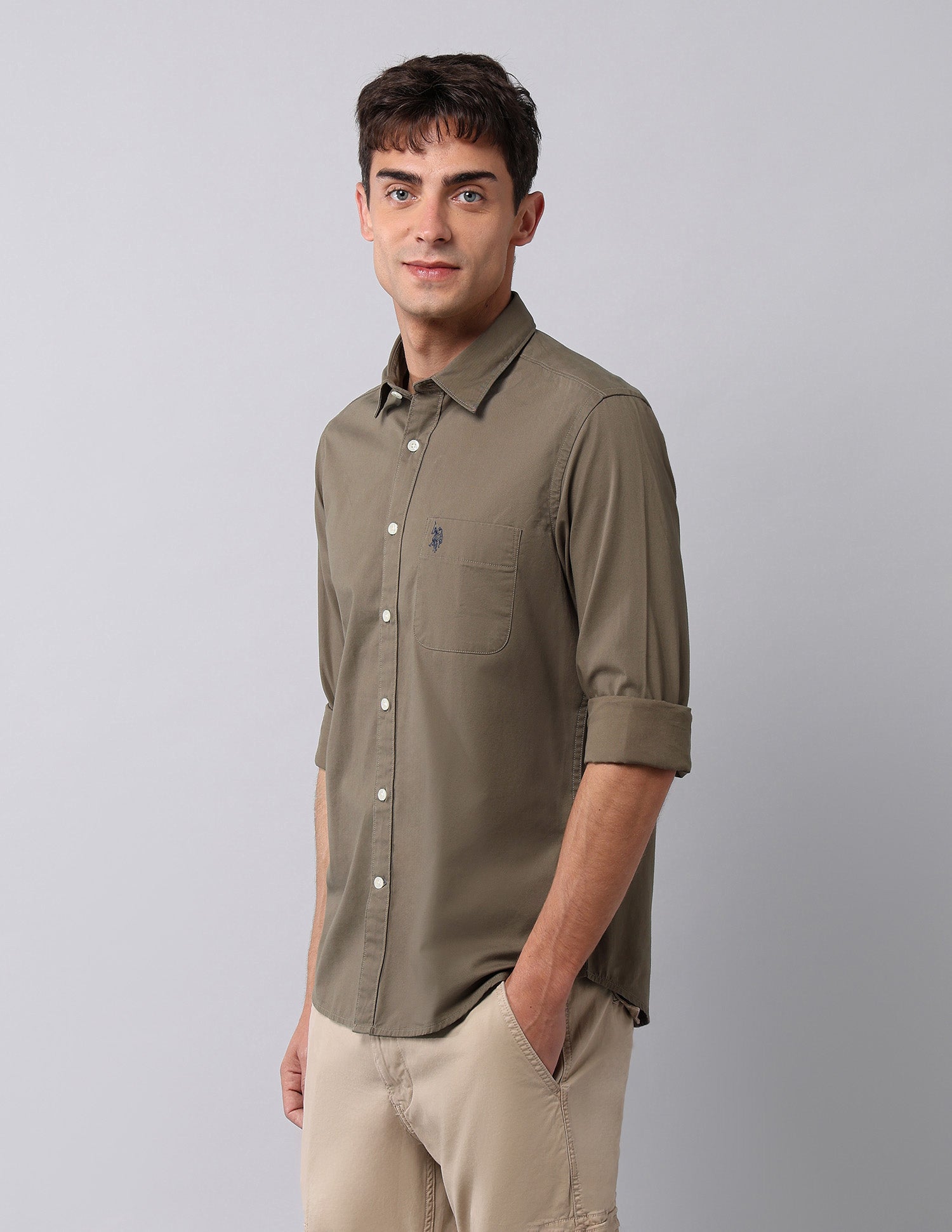 Pure Cotton Twill  Shirt Khaki - U.S. Polo Assn. India | Large