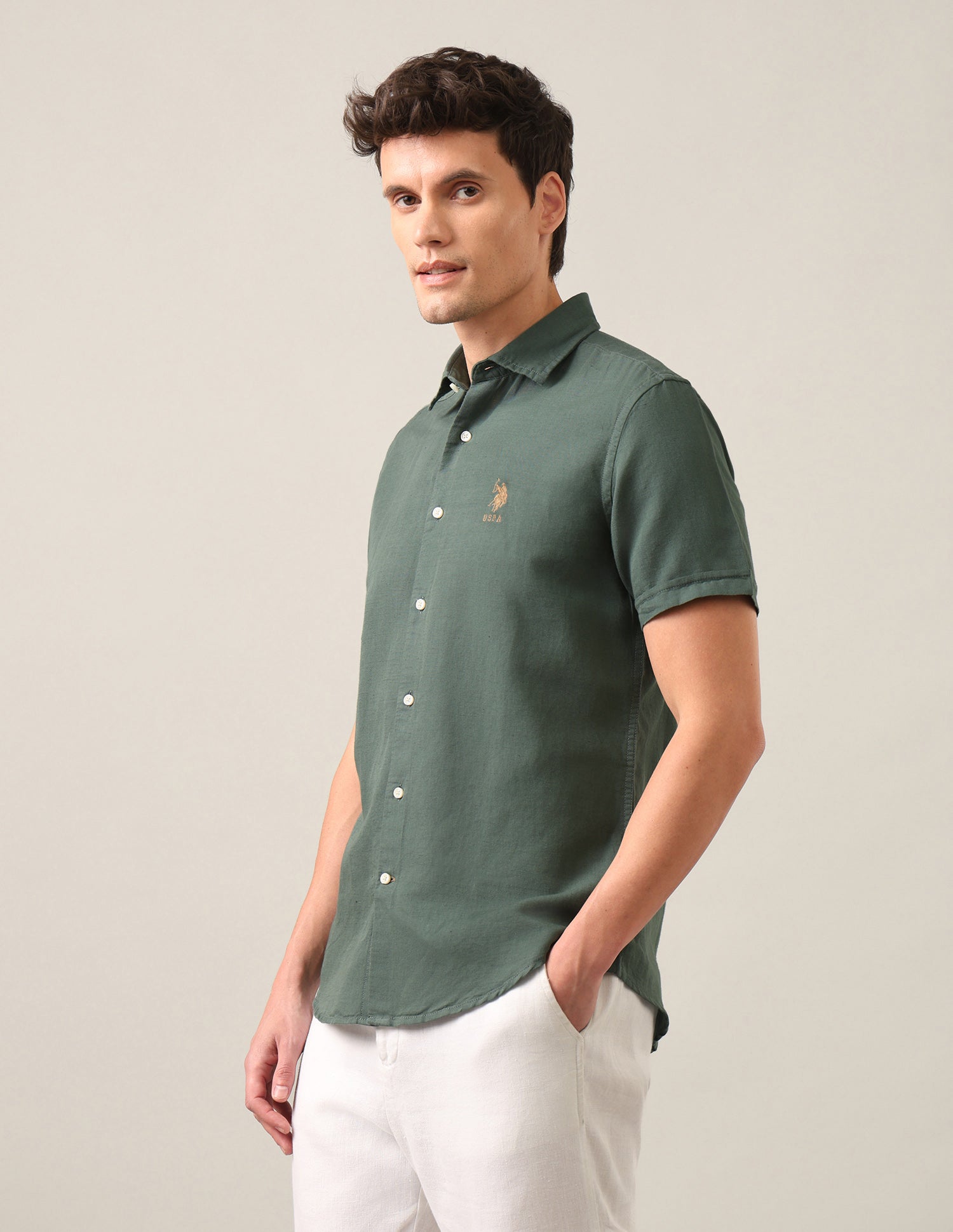 Solid Regular Fit Shirt Olive - U.S. Polo Assn. India | Large