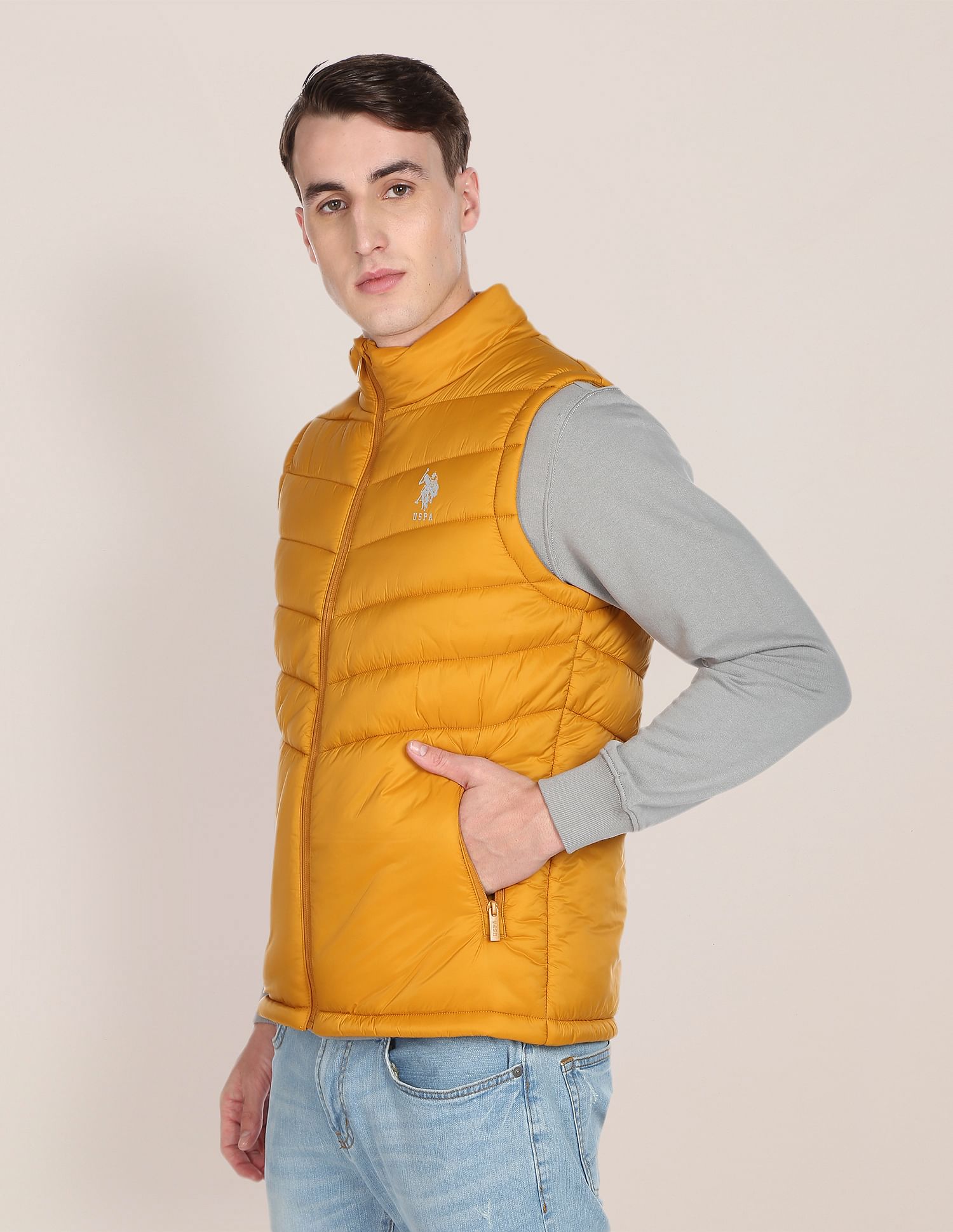 High Neck Sleeveless Solid Padded Jacket Ochre - U.S. POLO ASSN. | Large