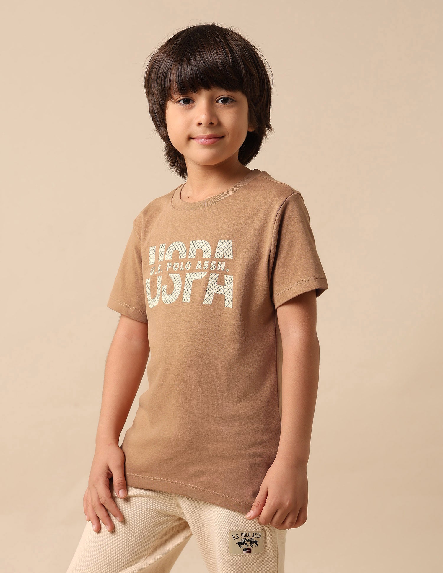 Boys Pure Cotton Brand Printed T Shirt Light Brown - U.S. POLO ASSN. | Large