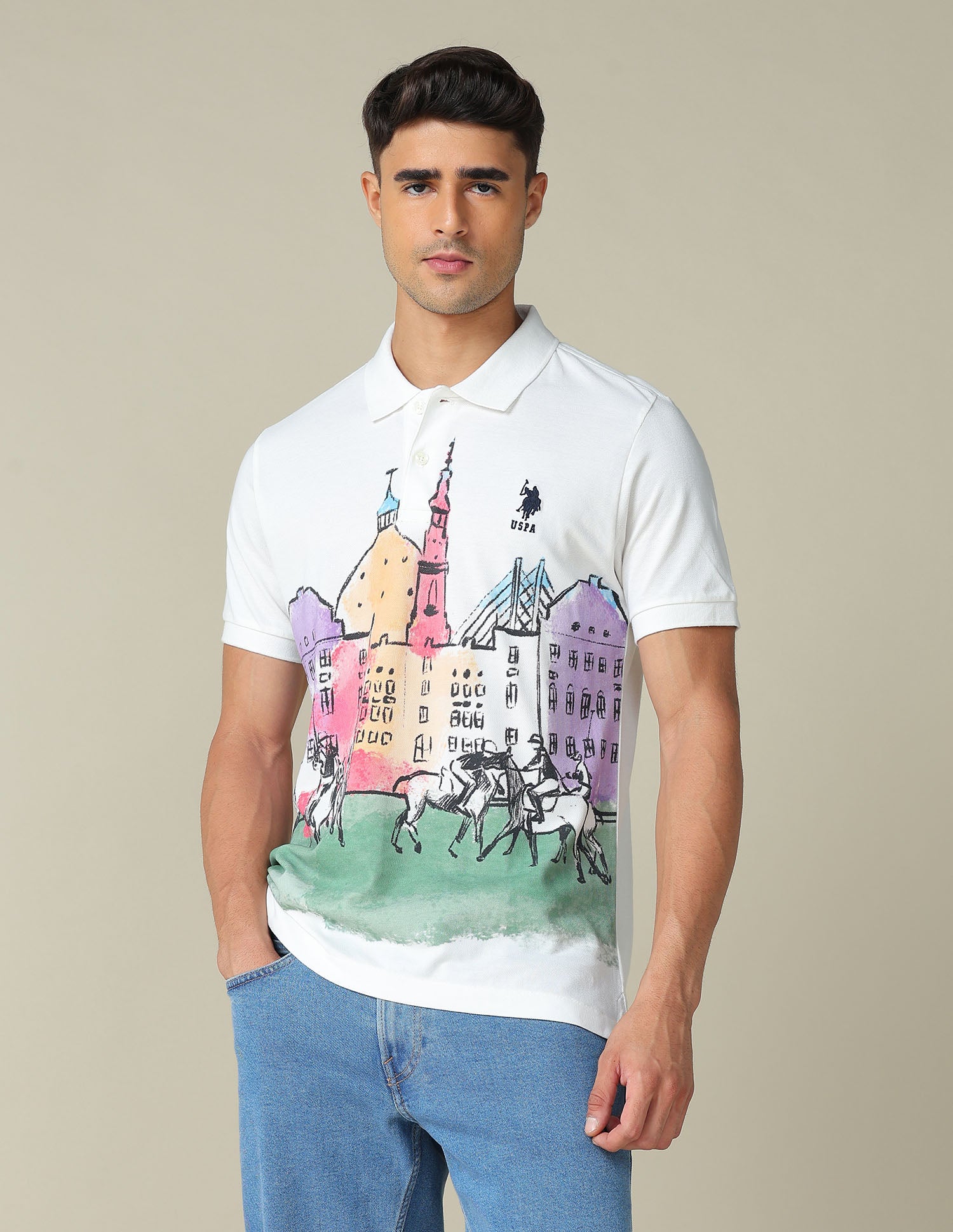 Muscle Fit Graphic Printed Polo Shirt Ivory - U.S. POLO ASSN. | Large