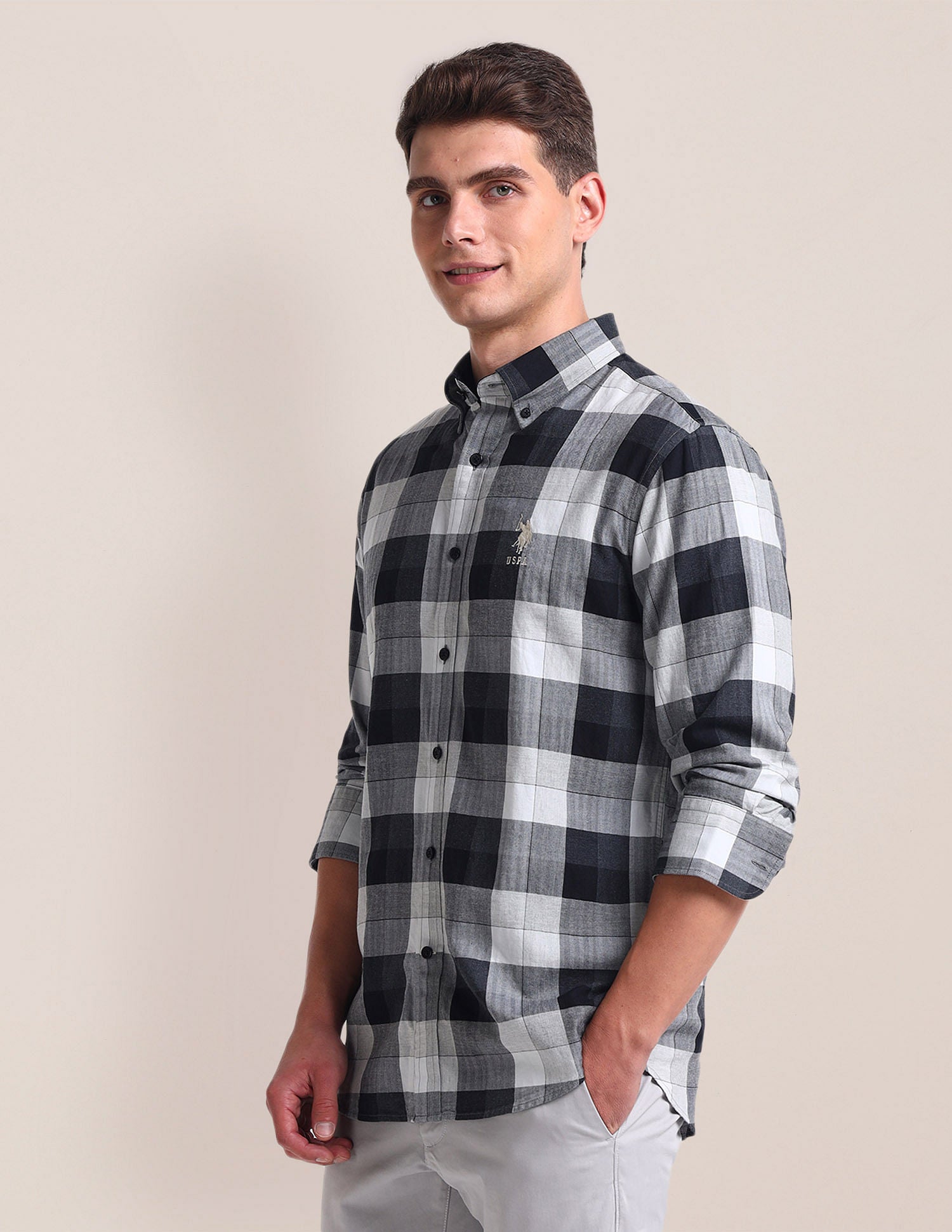 Herringbone Cotton Shirt Grey - U.S. POLO ASSN. | Large