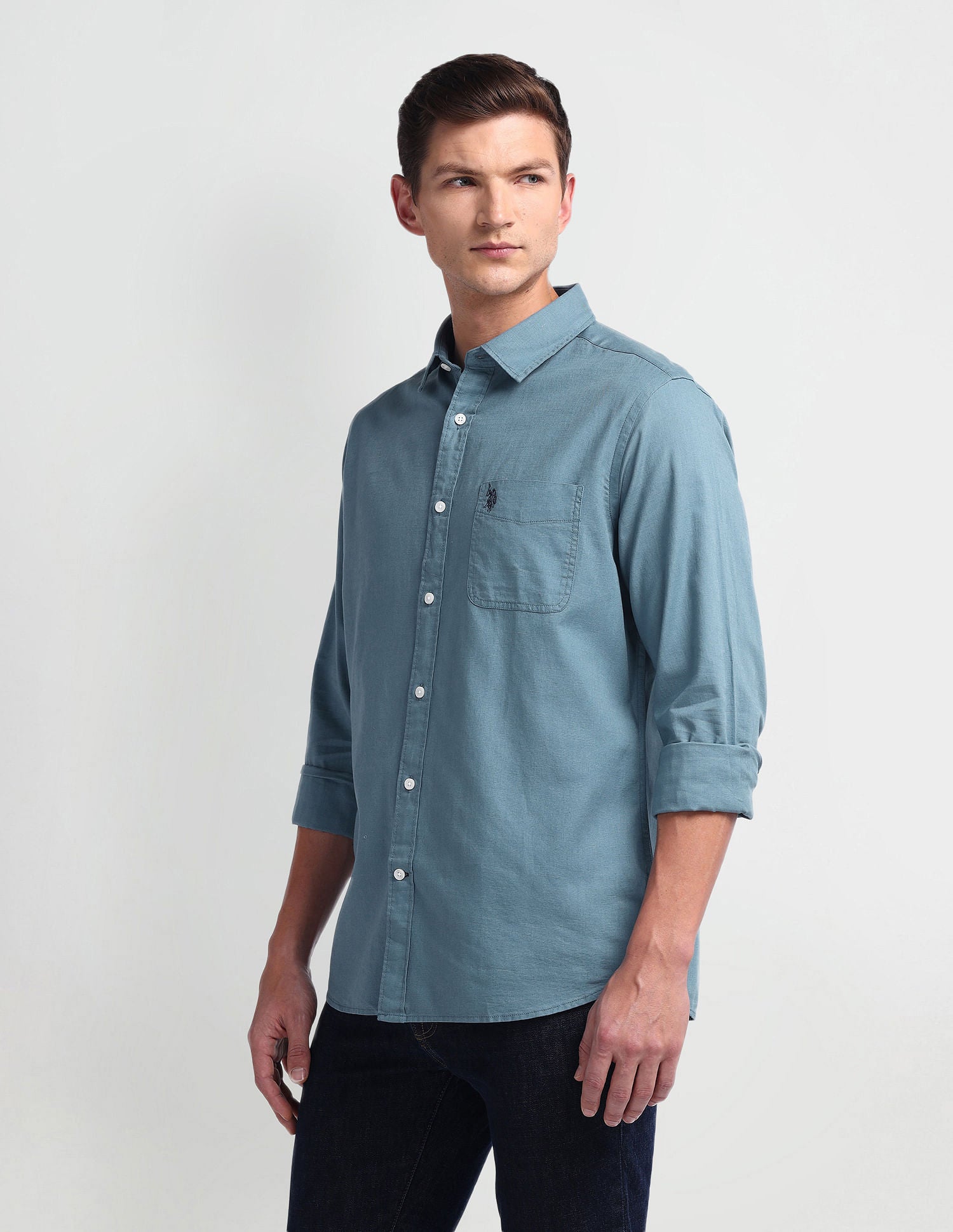 Semi Cutaway Collar Slim Fit Shirt Teal - U.S. Polo Assn. India | Large