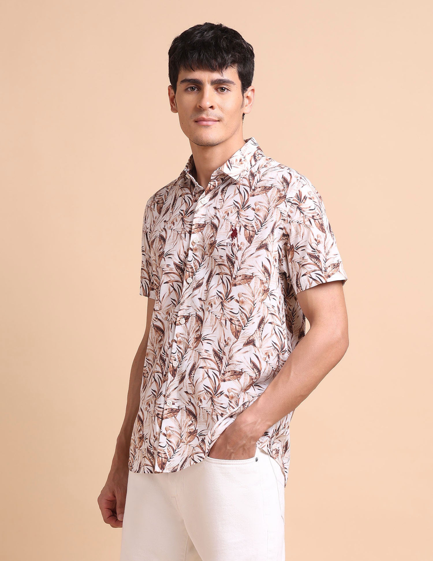 Slim Fit Tropical Printed Shirt Brown - U.S. POLO ASSN. | Large
