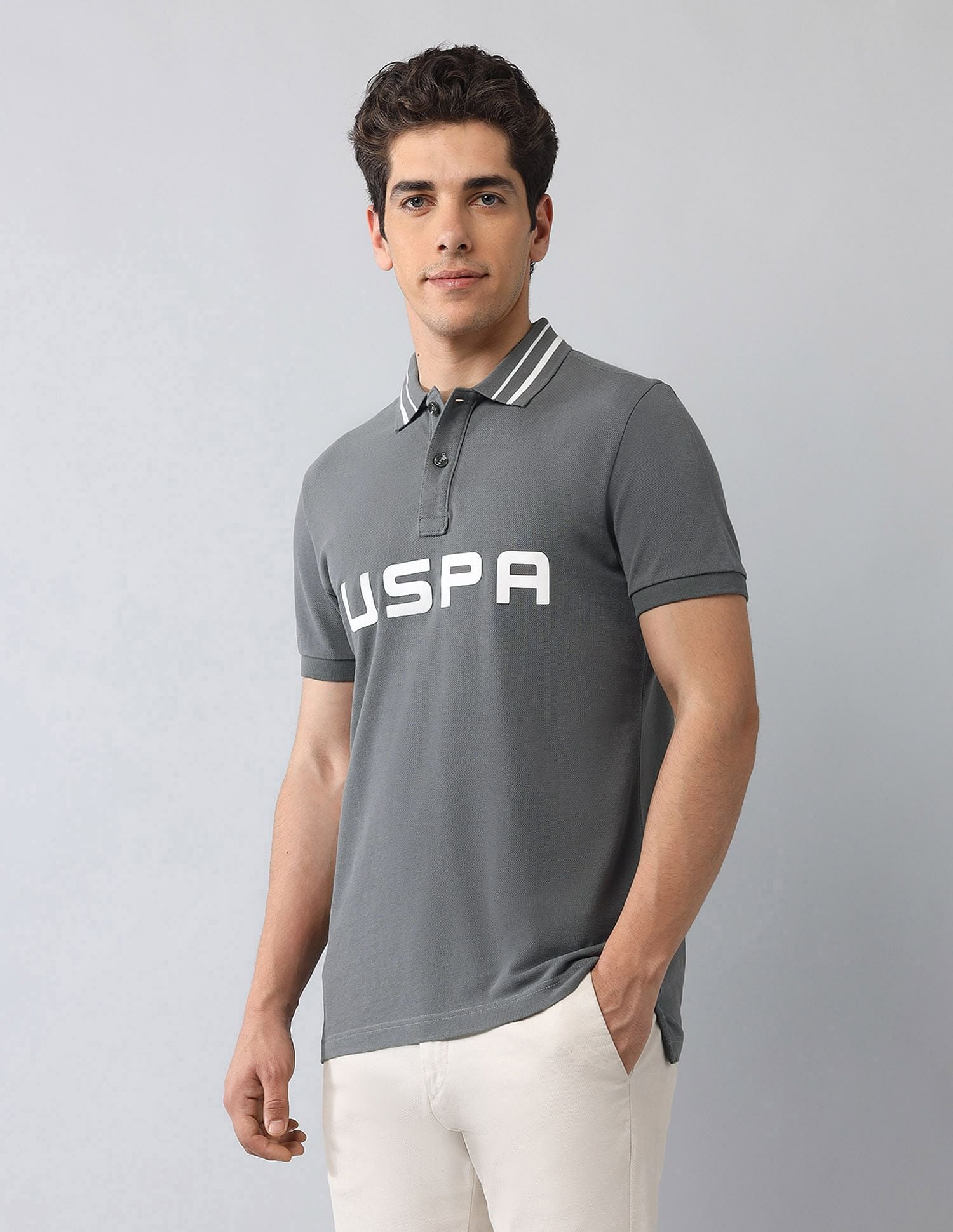 Muscle Fit Brand Printed Polo Shirt Dark Grey - U.S. Polo Assn. India | Large