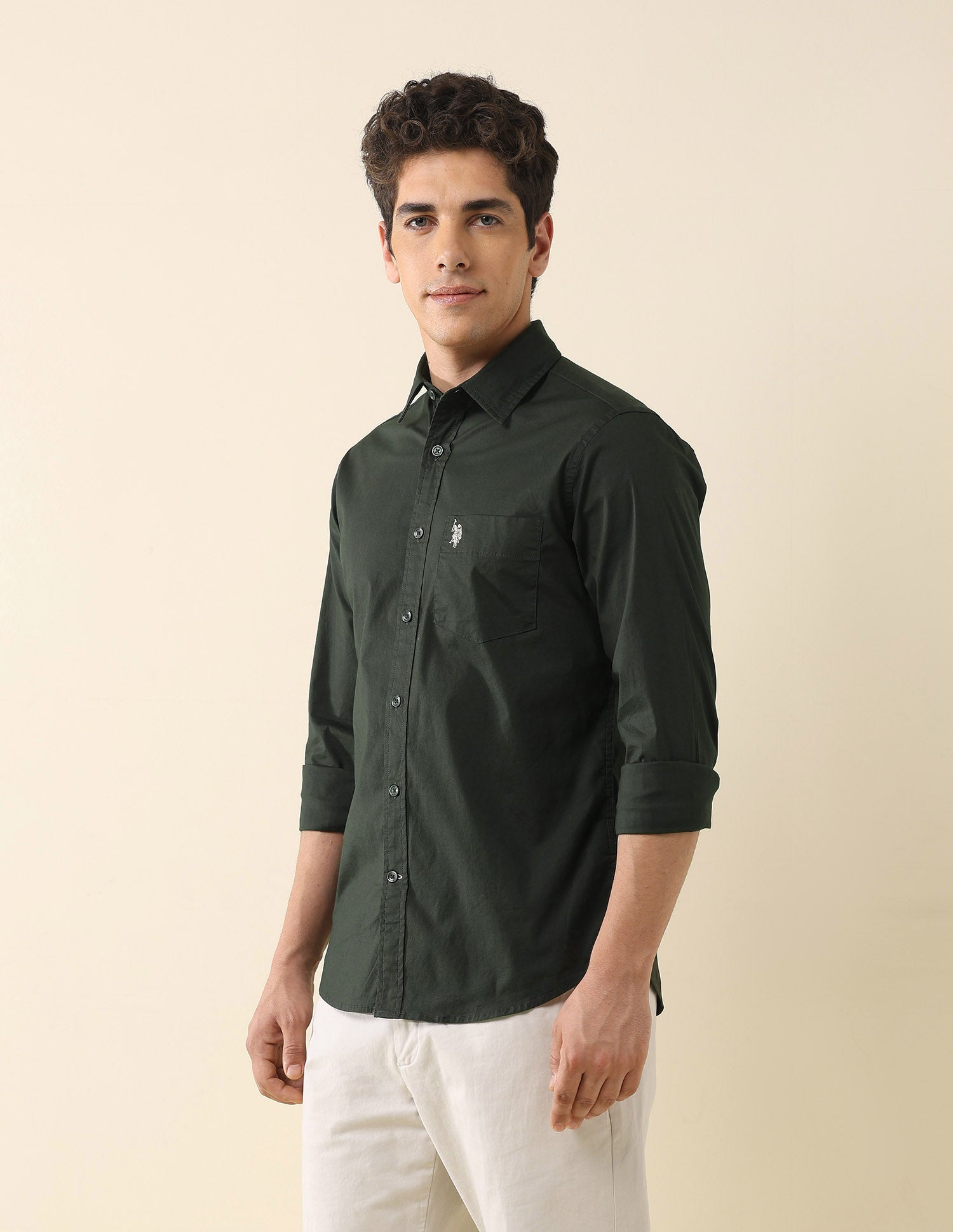 Solid Tailored Fit Regular Shirt Green - U.S. Polo Assn. India | Large