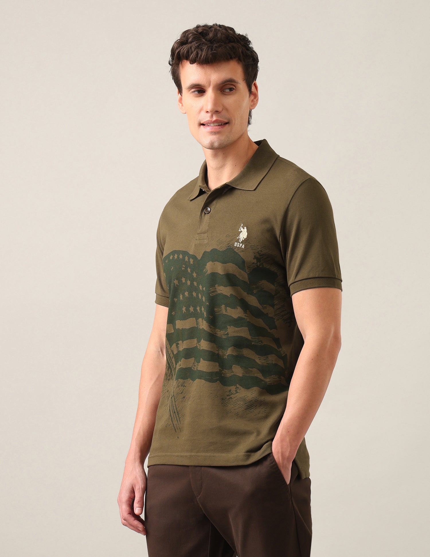 Graphic Printed Slim Fit Polo Shirt Olive - U.S. Polo Assn. India | Large