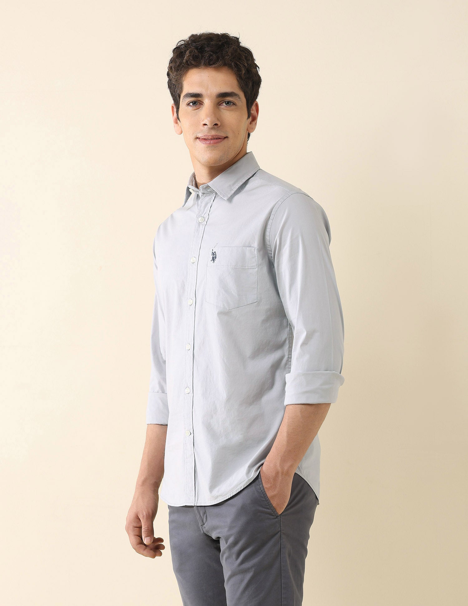 Solid Tailored Fit Regular Shirt Light Grey - U.S. Polo Assn. India | Large