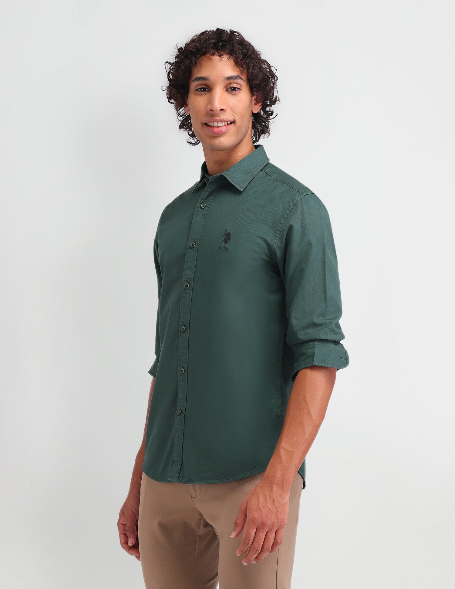 Solid Pattern Slim Fit Shirt Dark Green - U.S. Polo Assn. India | Large