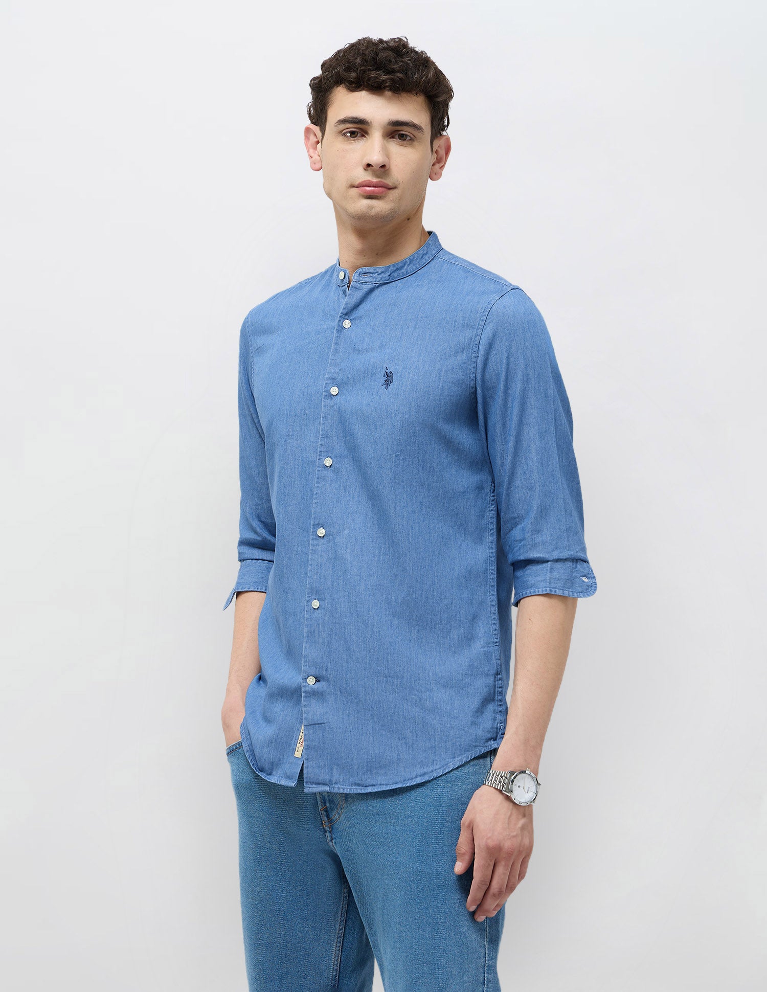 Twill Slim Fit Mandarin Shirt Indigo - U.S. POLO ASSN. | Large