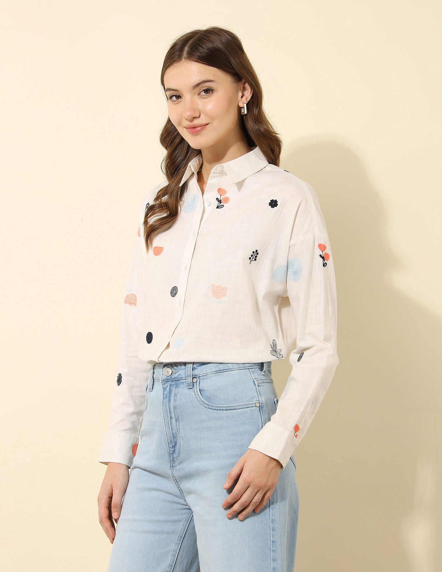 Oversized Floral Embroidered Shirt Off White - U.S. Polo Assn. India | Large