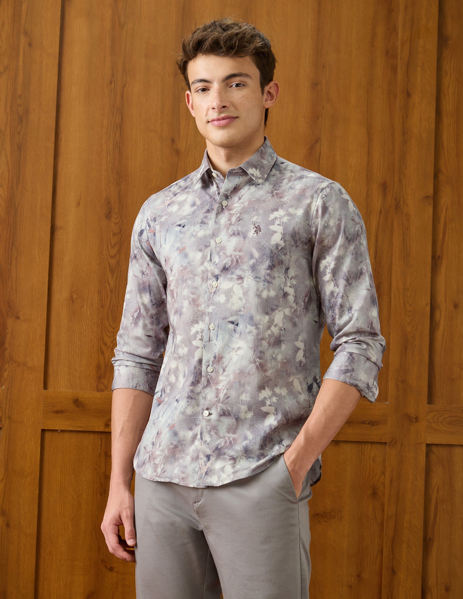 Tropical Printed Satin Shirt Light Grey - U.S. Polo Assn. India | Large