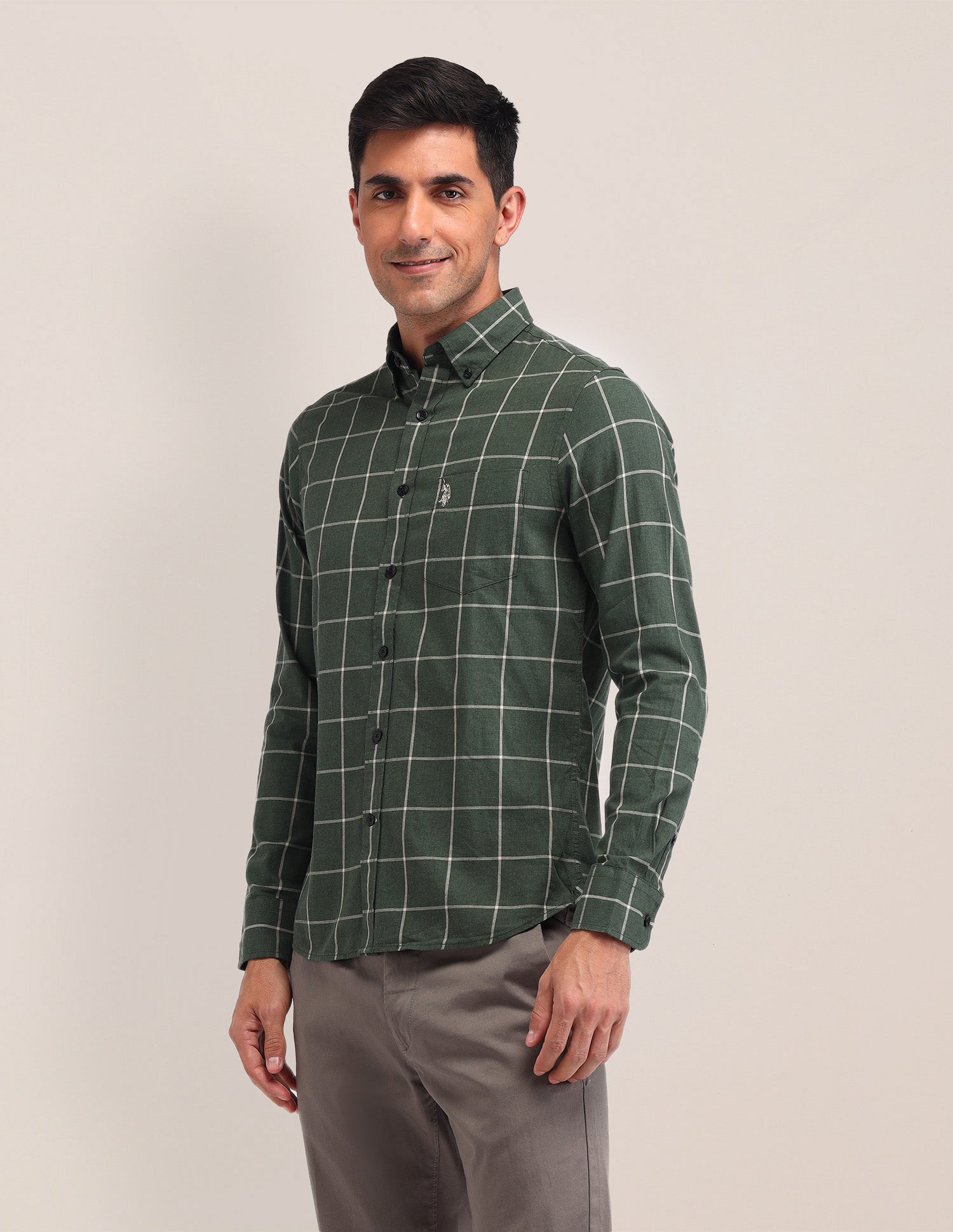 Windowpane Checked Tailored Fit Shirt Olive - U.S. Polo Assn. India | Large