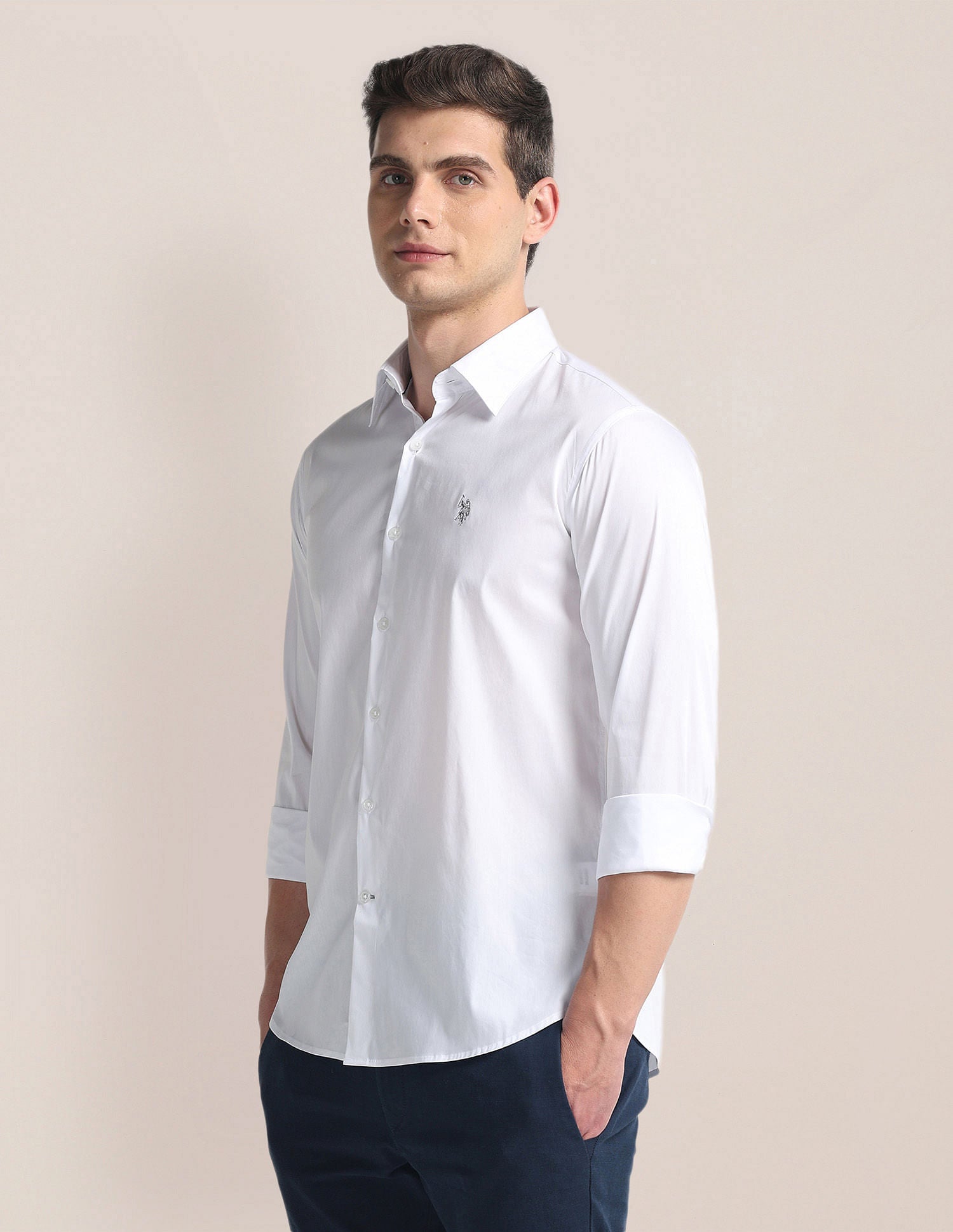 Tailored Regular Fit Solid Shirt White - U.S. Polo Assn. India | Large