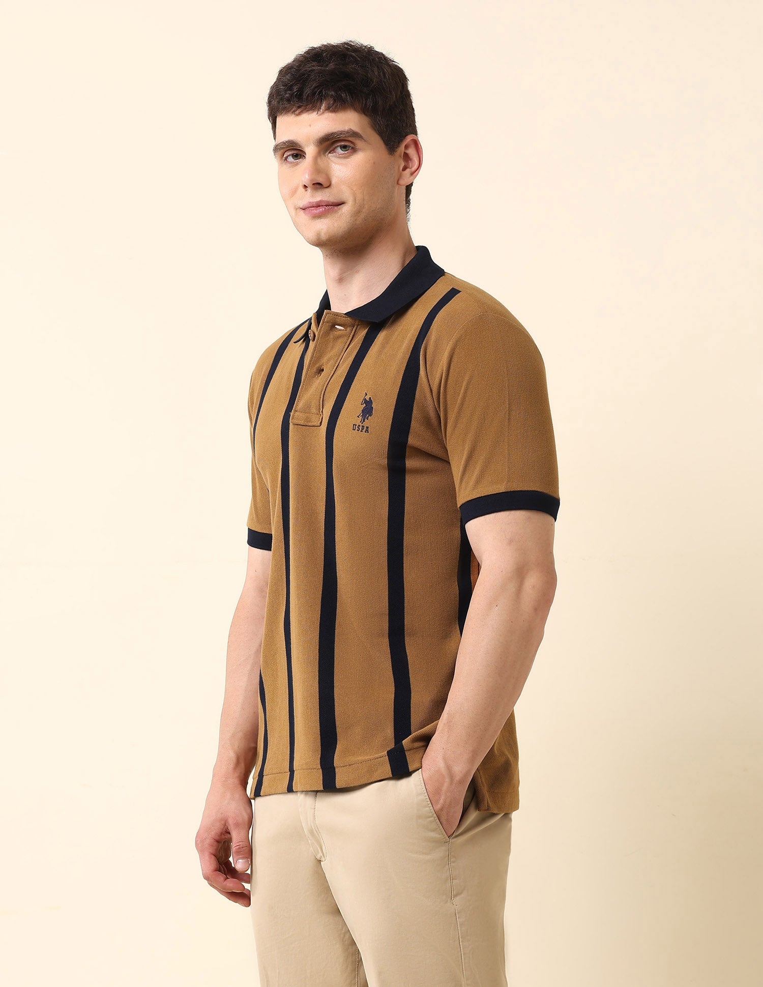 Vertical Striped Pure Cotton Polo Shirt Brown - U.S. Polo Assn. India | Large