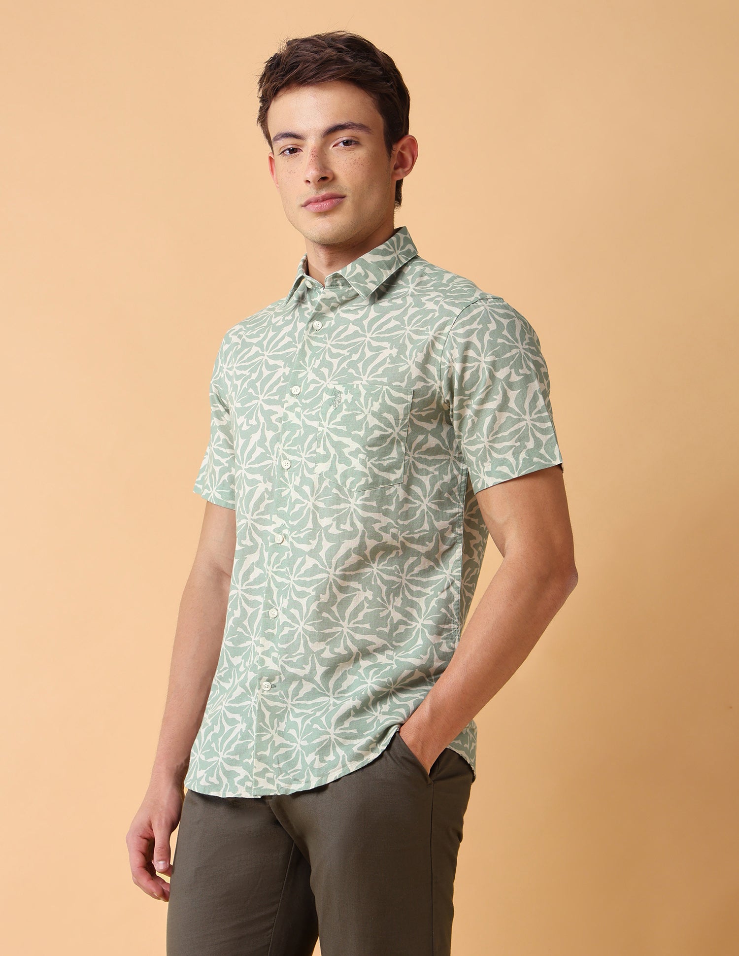 Abstract Printed Regular Fit Shirt Light Olive - U.S. Polo Assn. India | Large