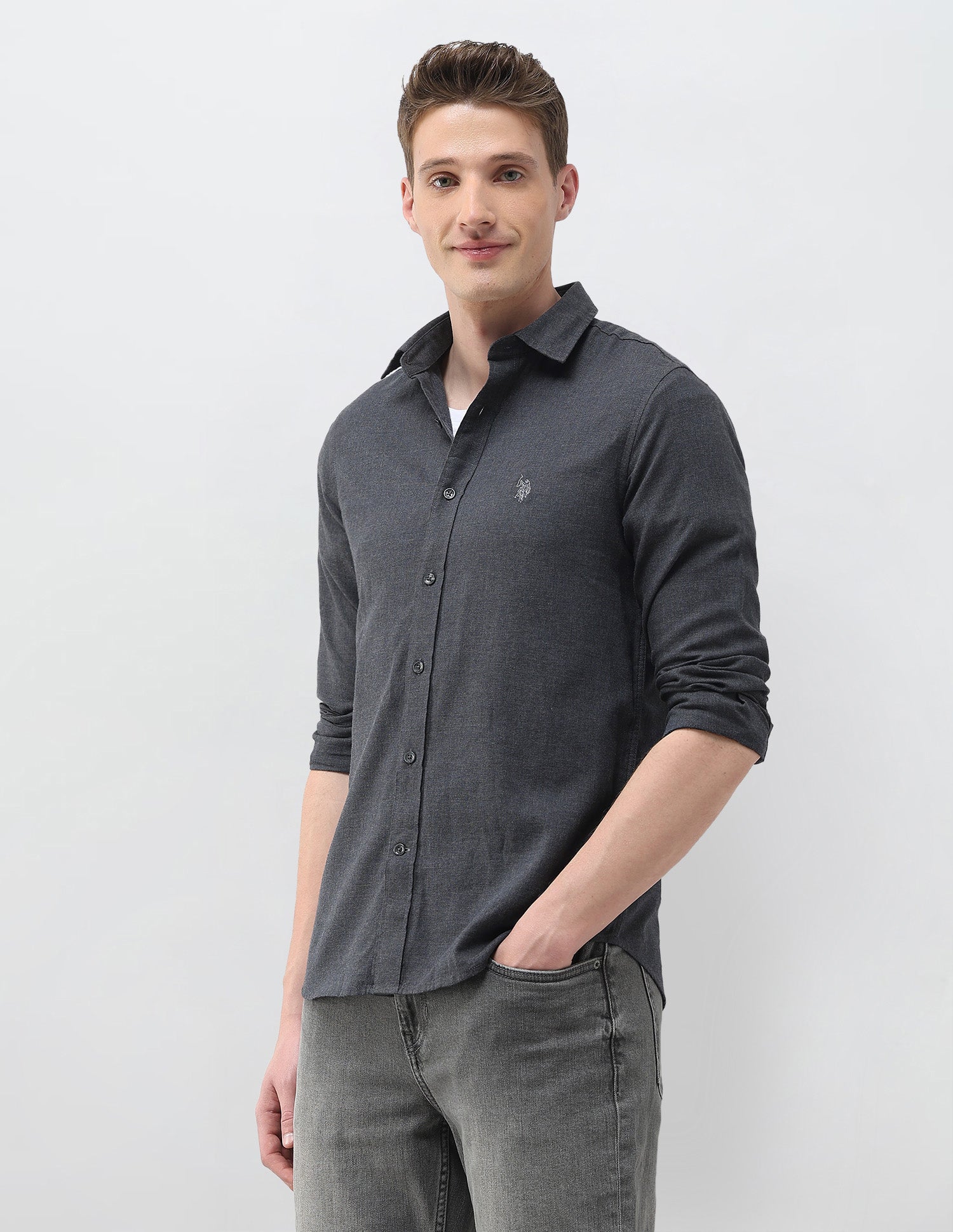 Heathered Tailored Fit Shirt Dark Grey - U.S. Polo Assn. India | Large