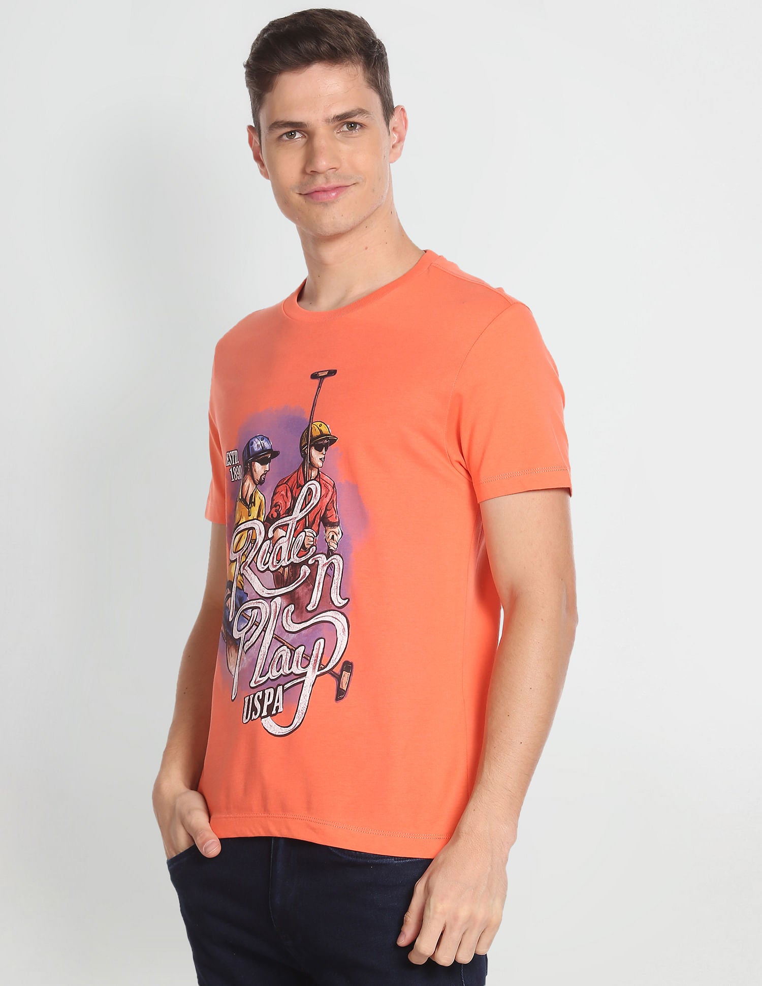 Crew Neck Graphic Print T-Shirt Coral - U.S. POLO ASSN. | Large