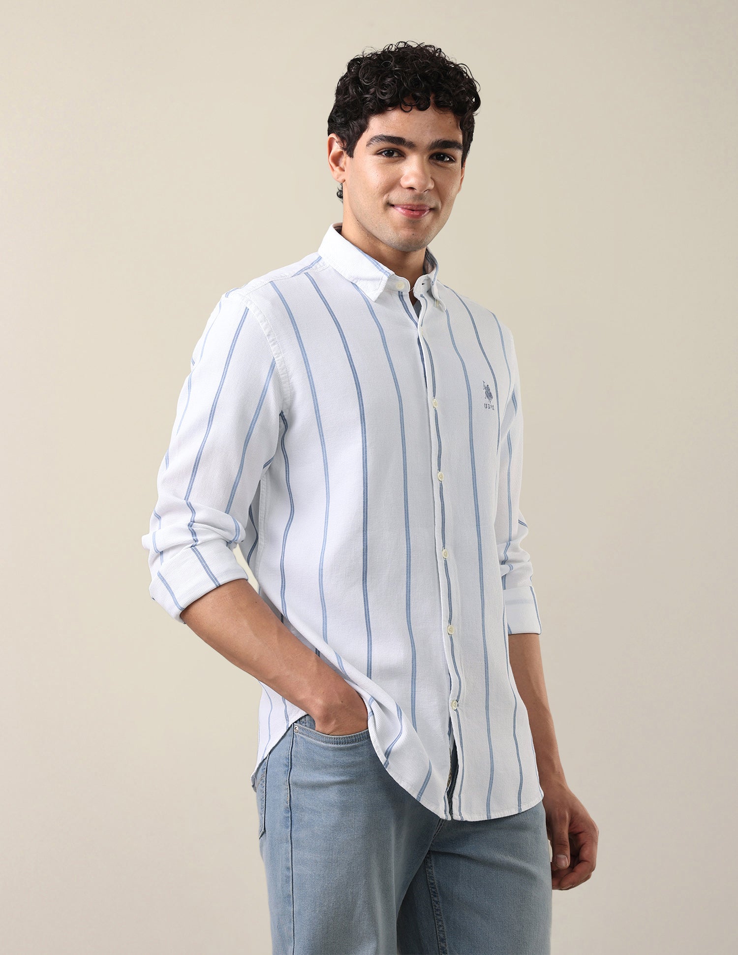 Self Design Vertical Striped Regular Fit Shirt Light Indigo - U.S. Polo Assn. India | Large