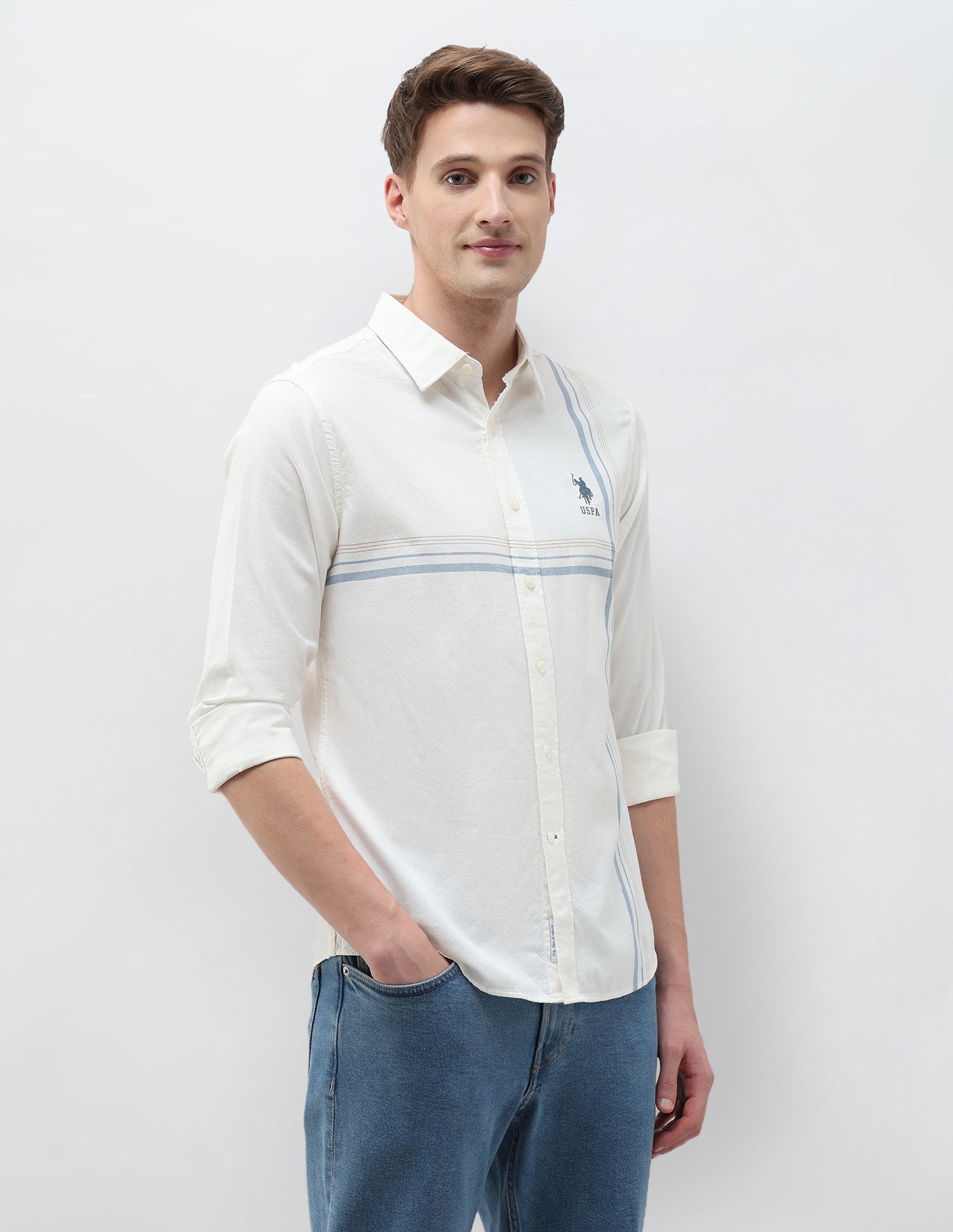 Tailored Fit Vertical Striped Shirt White - U.S. Polo Assn. India | Large